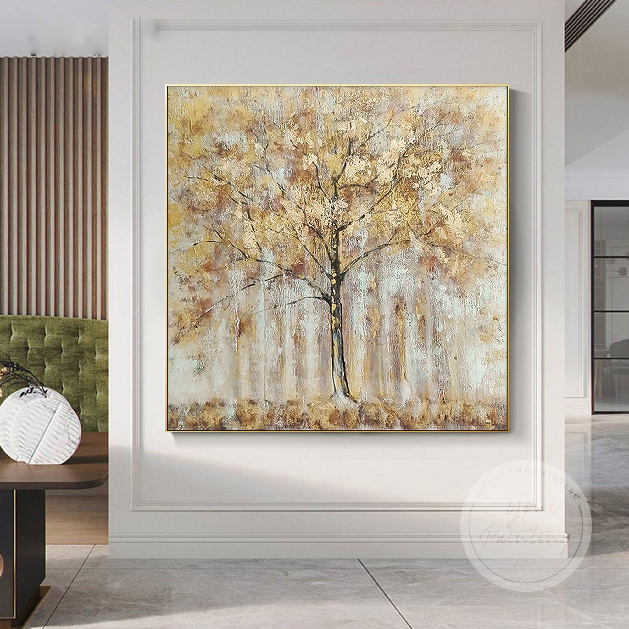 Modern Abstract Tree Painting with floating golden leaves, symbolizing prosperity, growth, and harmony.