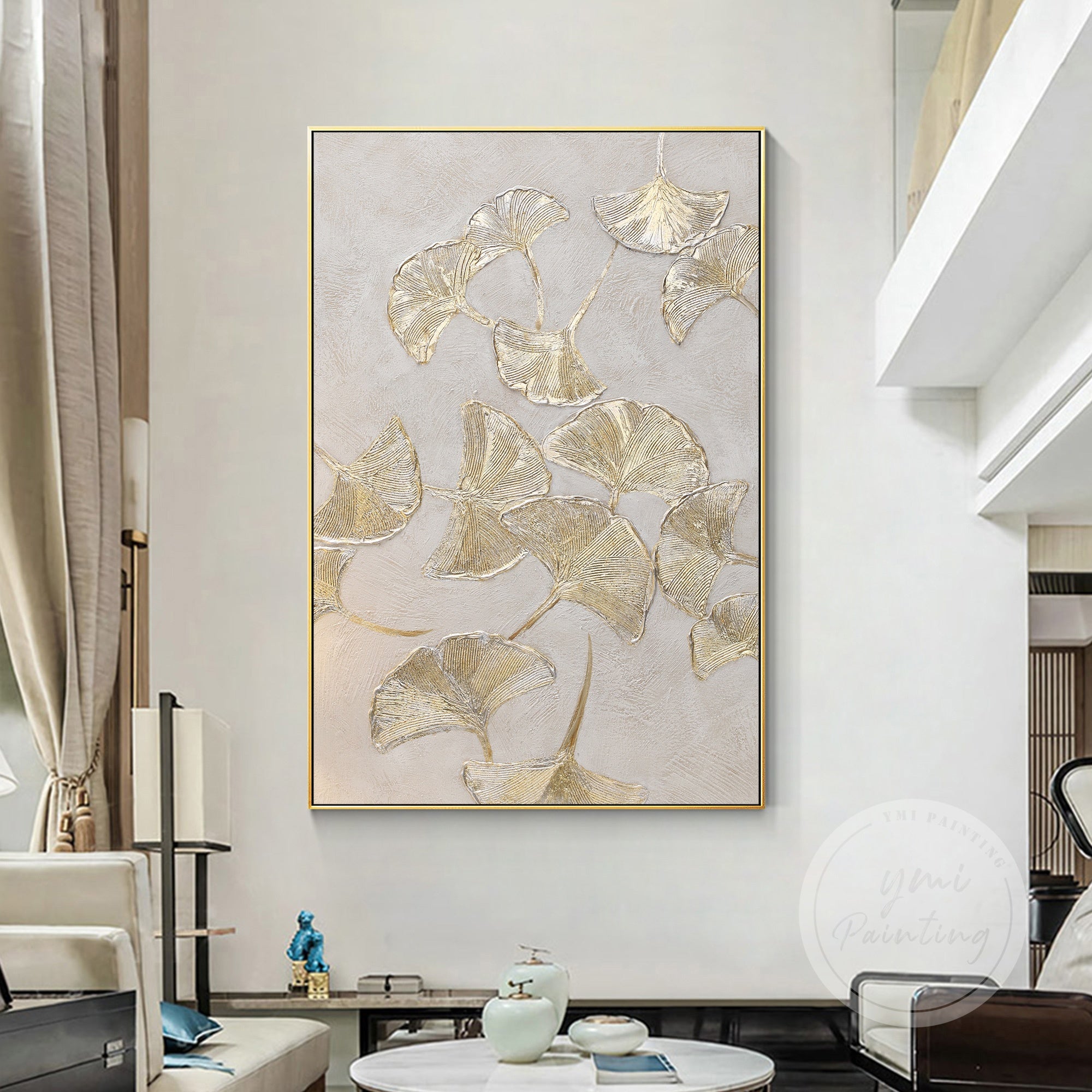 Gold Ginkgo Biloba leaf painting with minimalist abstract design and gold leaf accents, perfect for modern and elegant home decor.