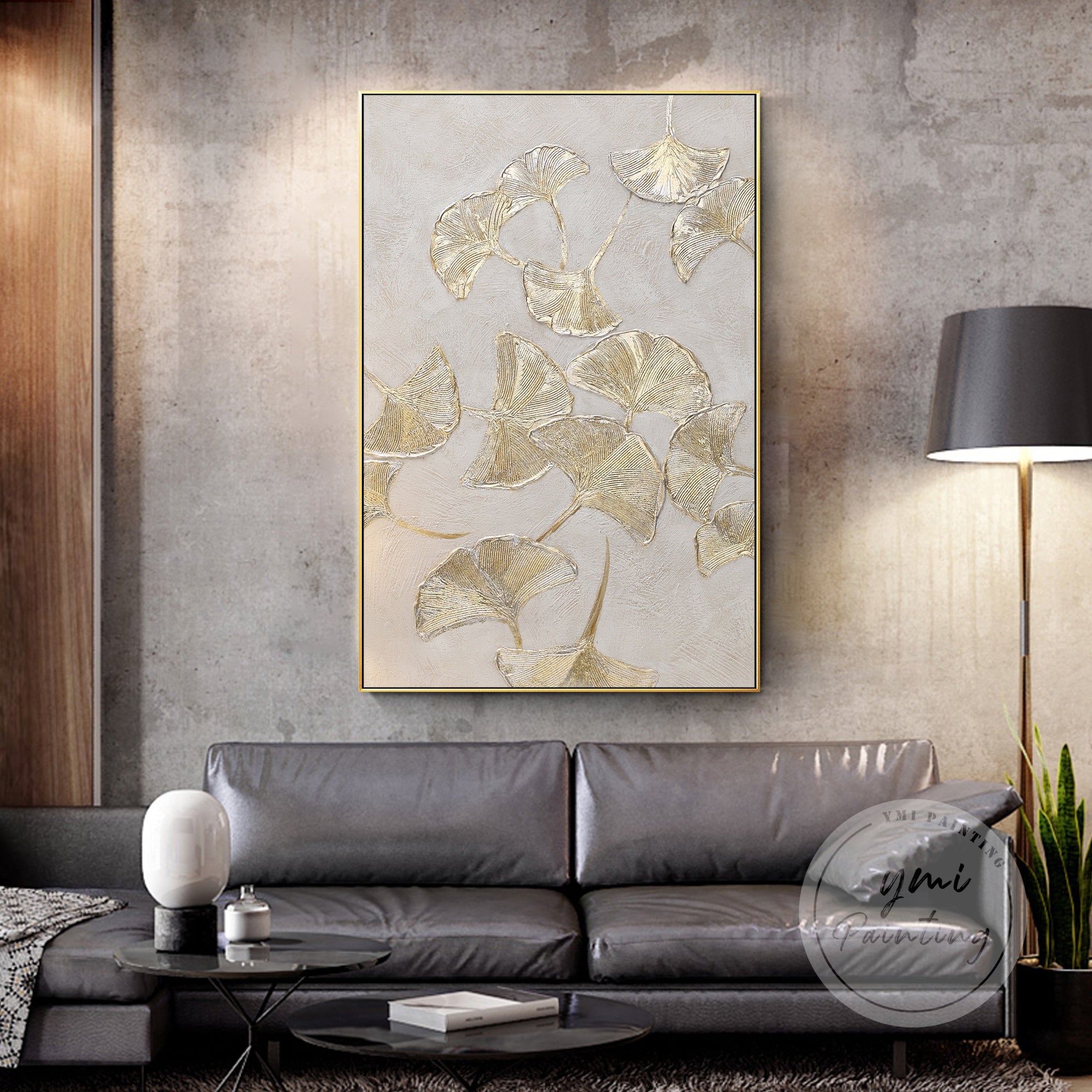 Large-scale oil painting of a Ginkgo Biloba leaf, framed with acrylic textures and gold leaf highlights, ideal for gifting or home decoration.