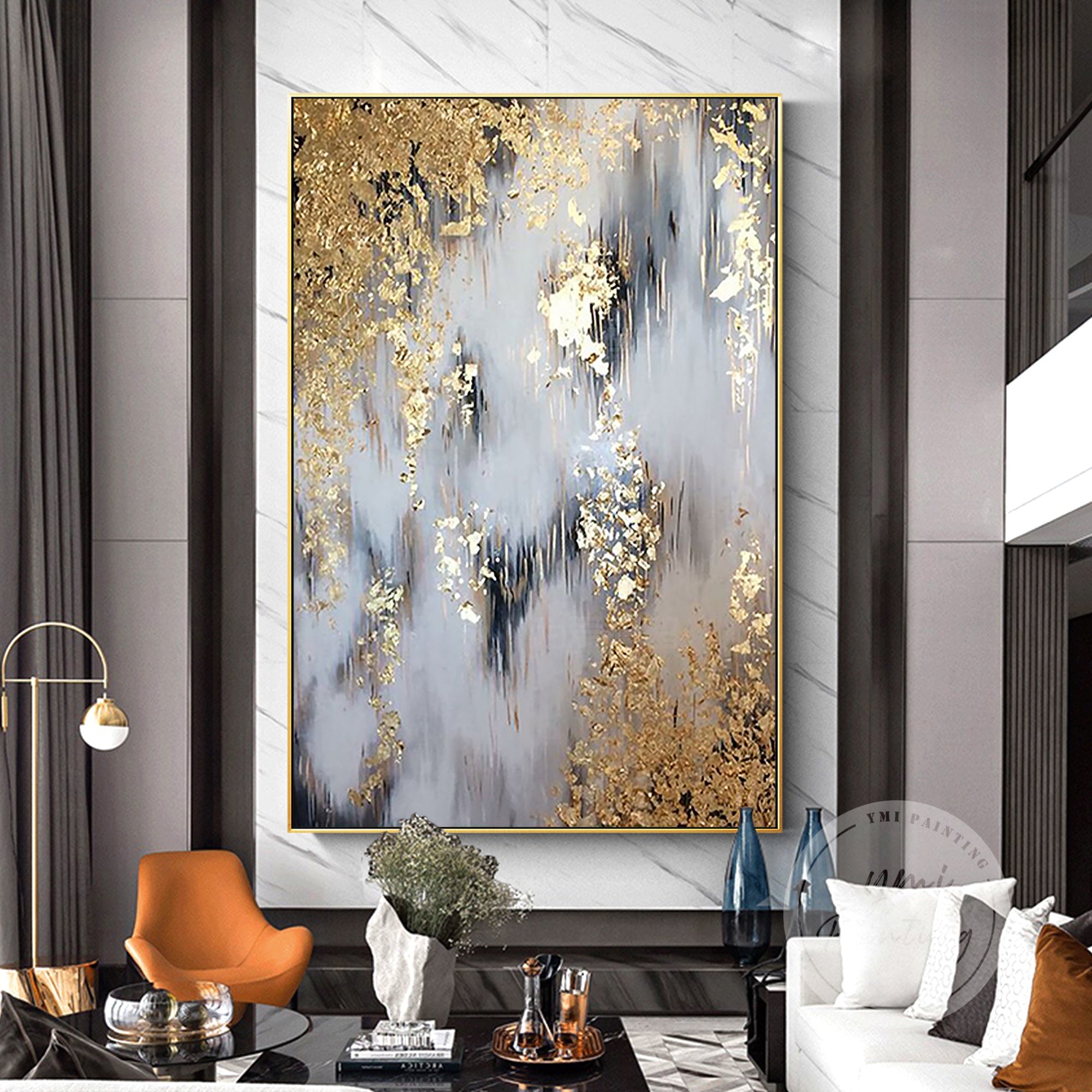 Large gold abstract wall art painting with rich acrylic textures and a luxurious framed finish, perfect for modern interiors.