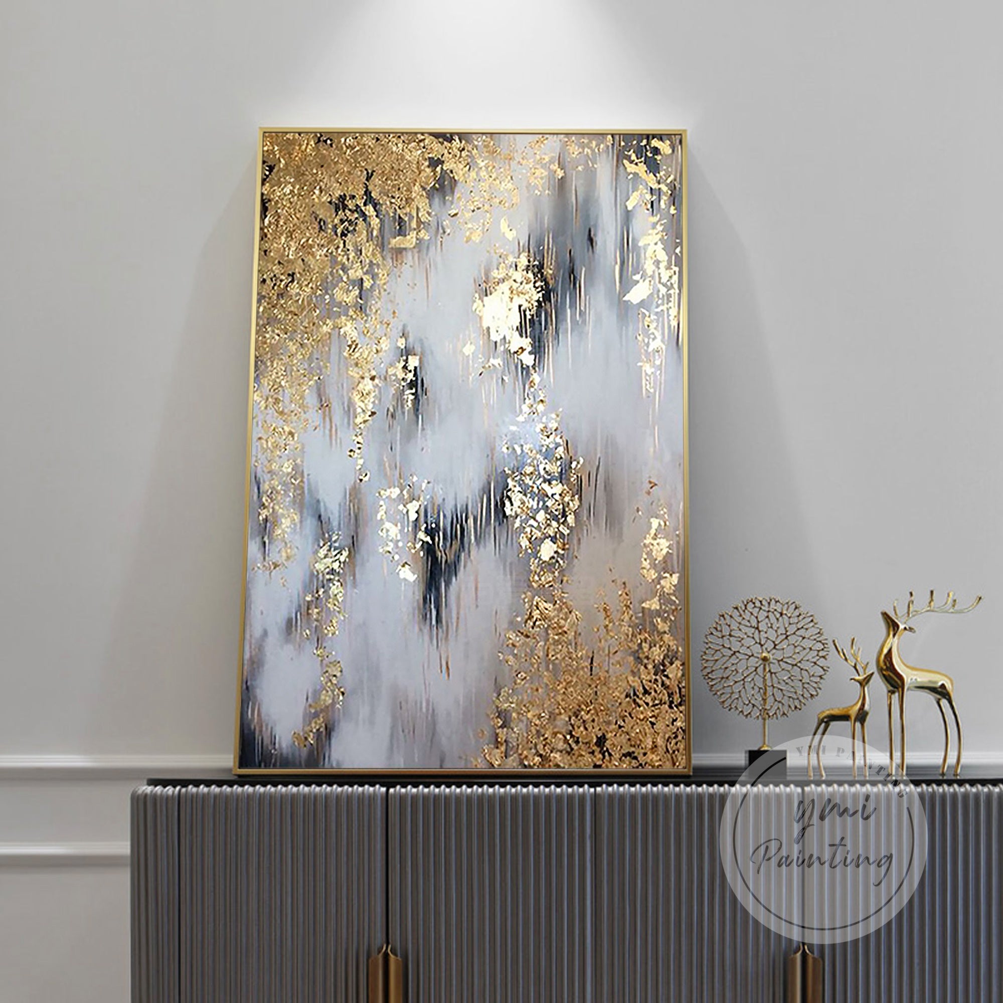 Extra large framed gold abstract artwork, featuring bold brushstrokes and metallic highlights.