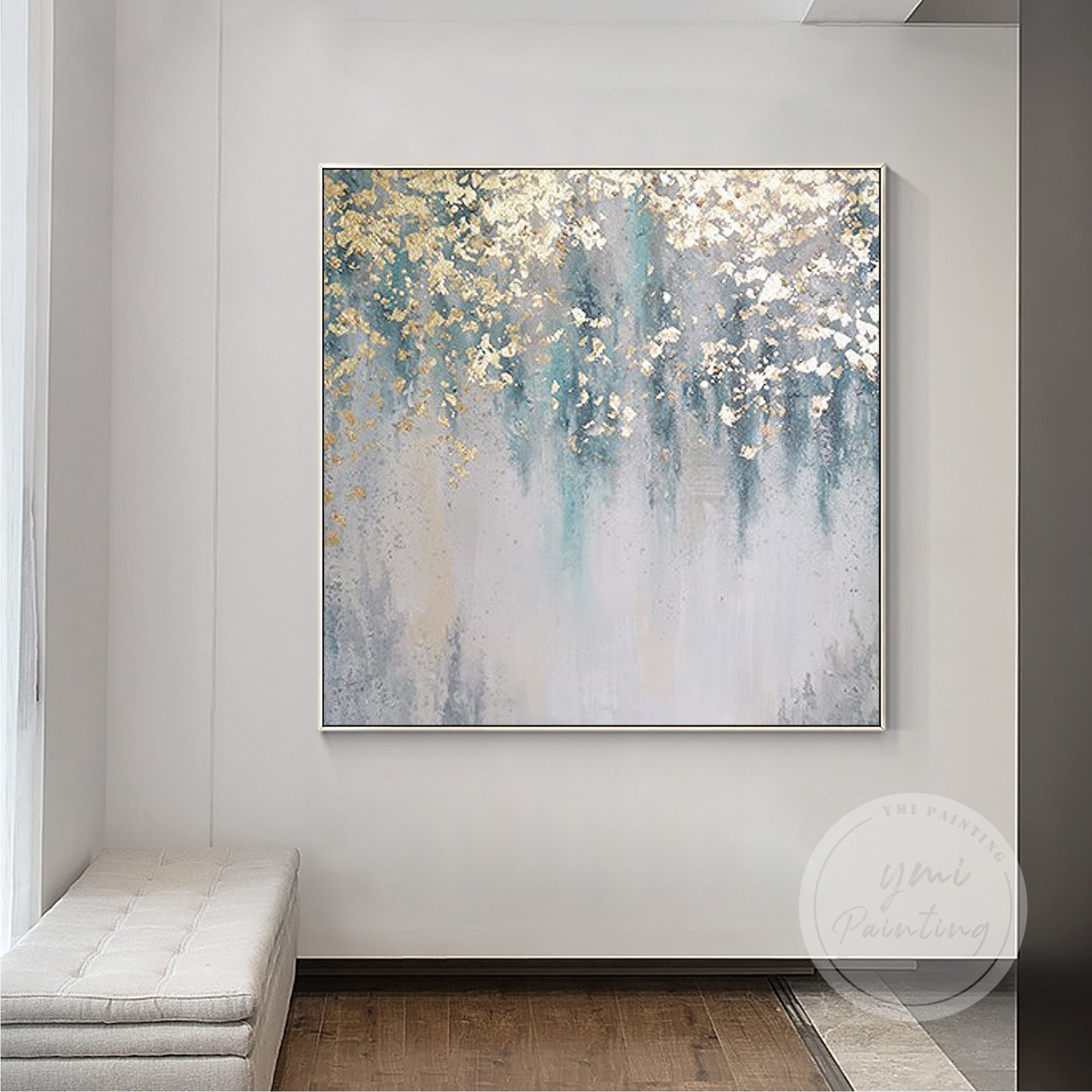 Minimalist abstract painting with a combination of metallic gold leaf and deep emerald green, framed for an elegant finish.