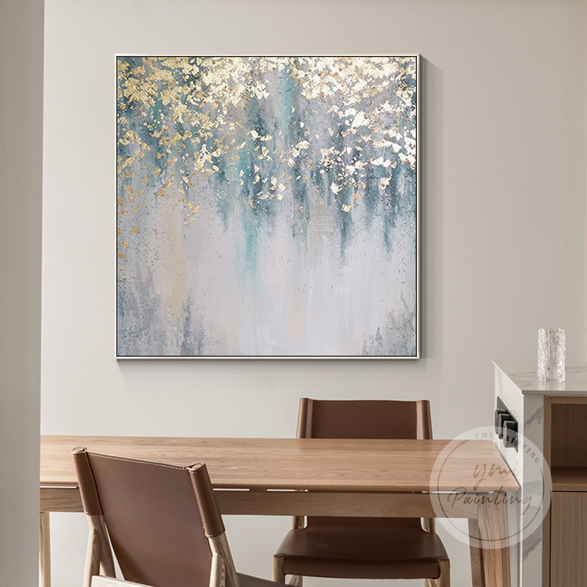 Large square gold leaf painting, featuring layered textures and a luxurious color palette of teal, green, and gold.