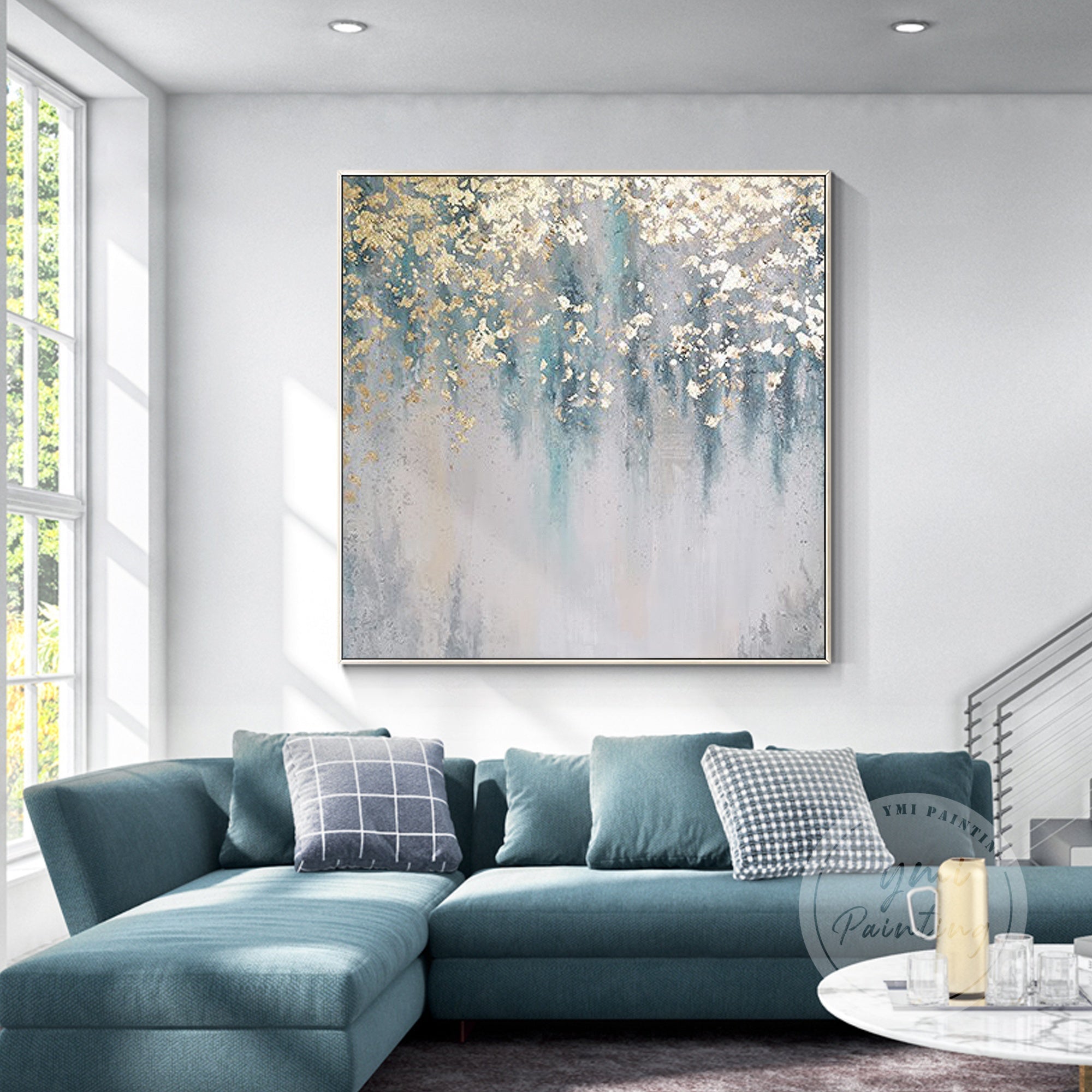Teal and gold abstract wall art, adding a modern yet organic touch to any living room or office decor.