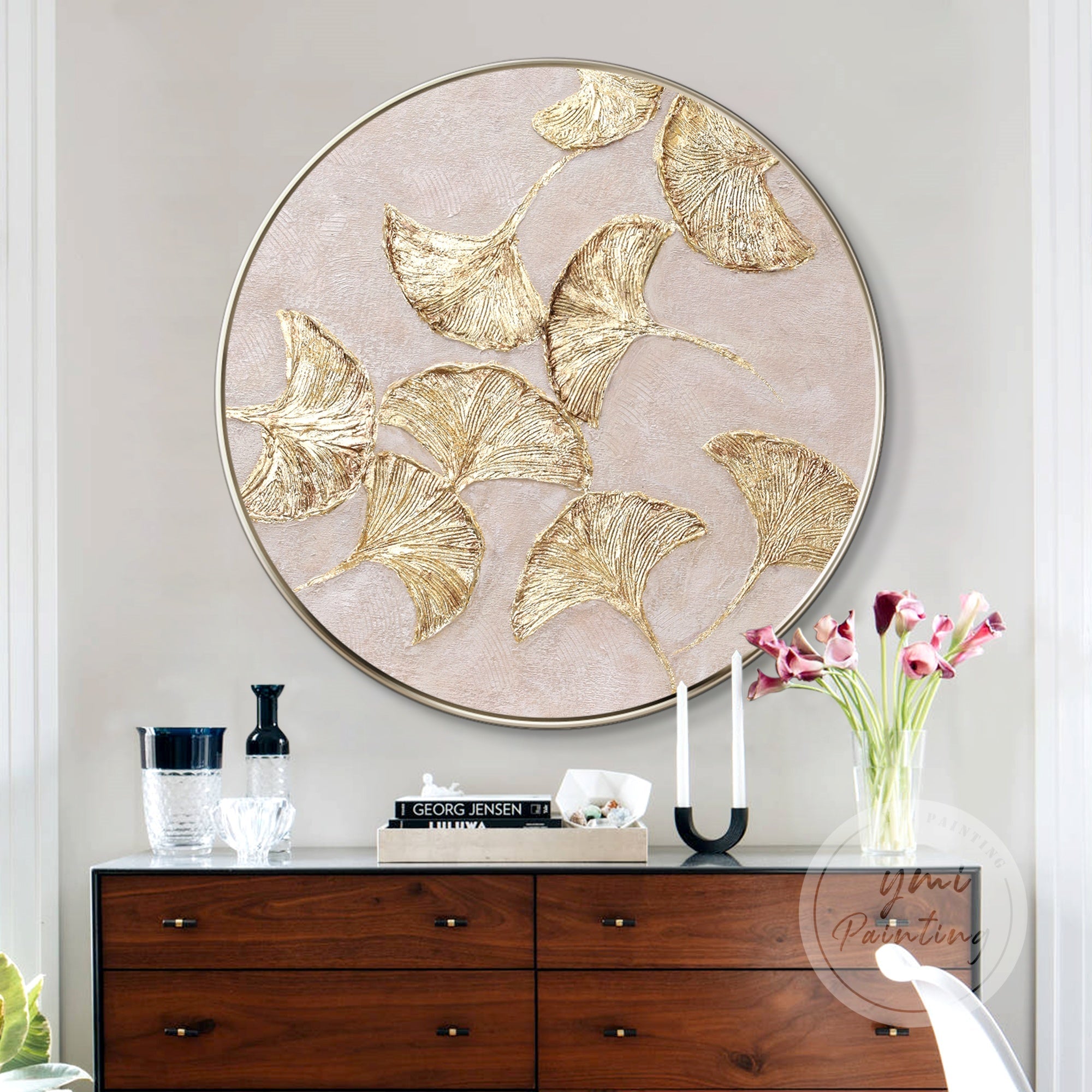 Gold Ginkgo leaf round painting with textured details, offering a modern abstract design for luxurious wall decor.