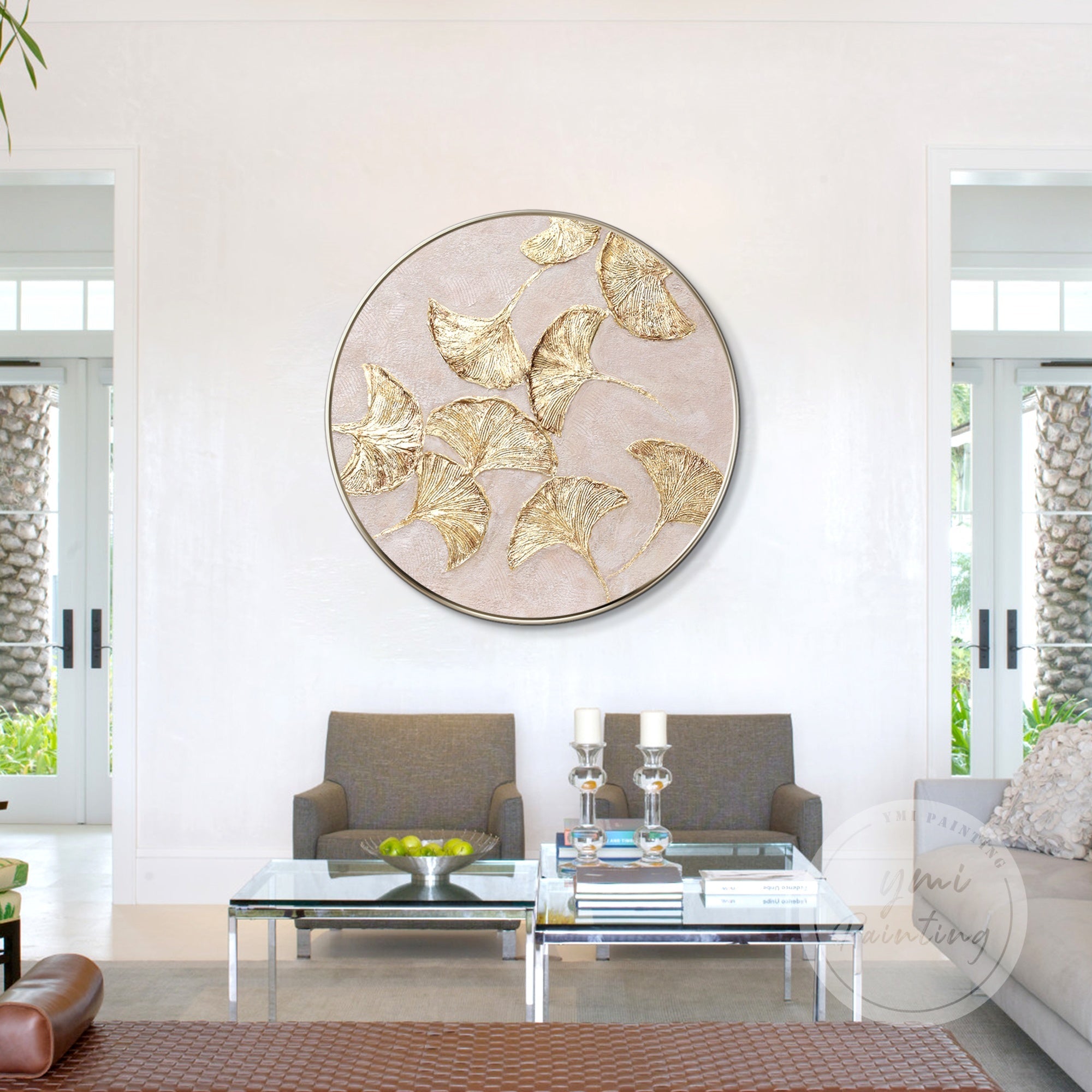Original Ginkgo Biloba leaf painting, featuring rich gold leaf accents and textured art for a sophisticated, contemporary aesthetic.