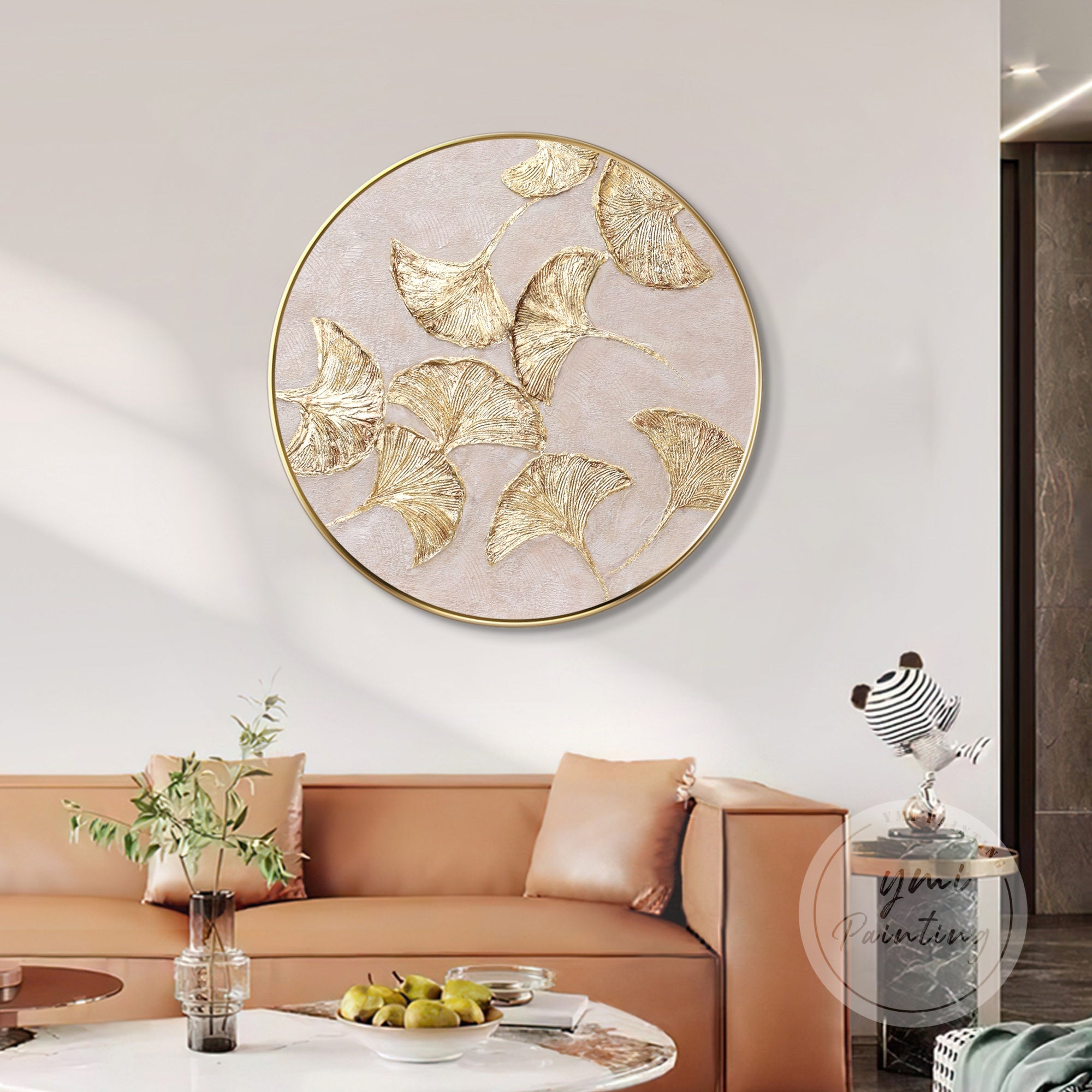 Large round artwork with a beautiful gold Ginkgo leaf design, framed with acrylic texture, perfect for modern home decor.