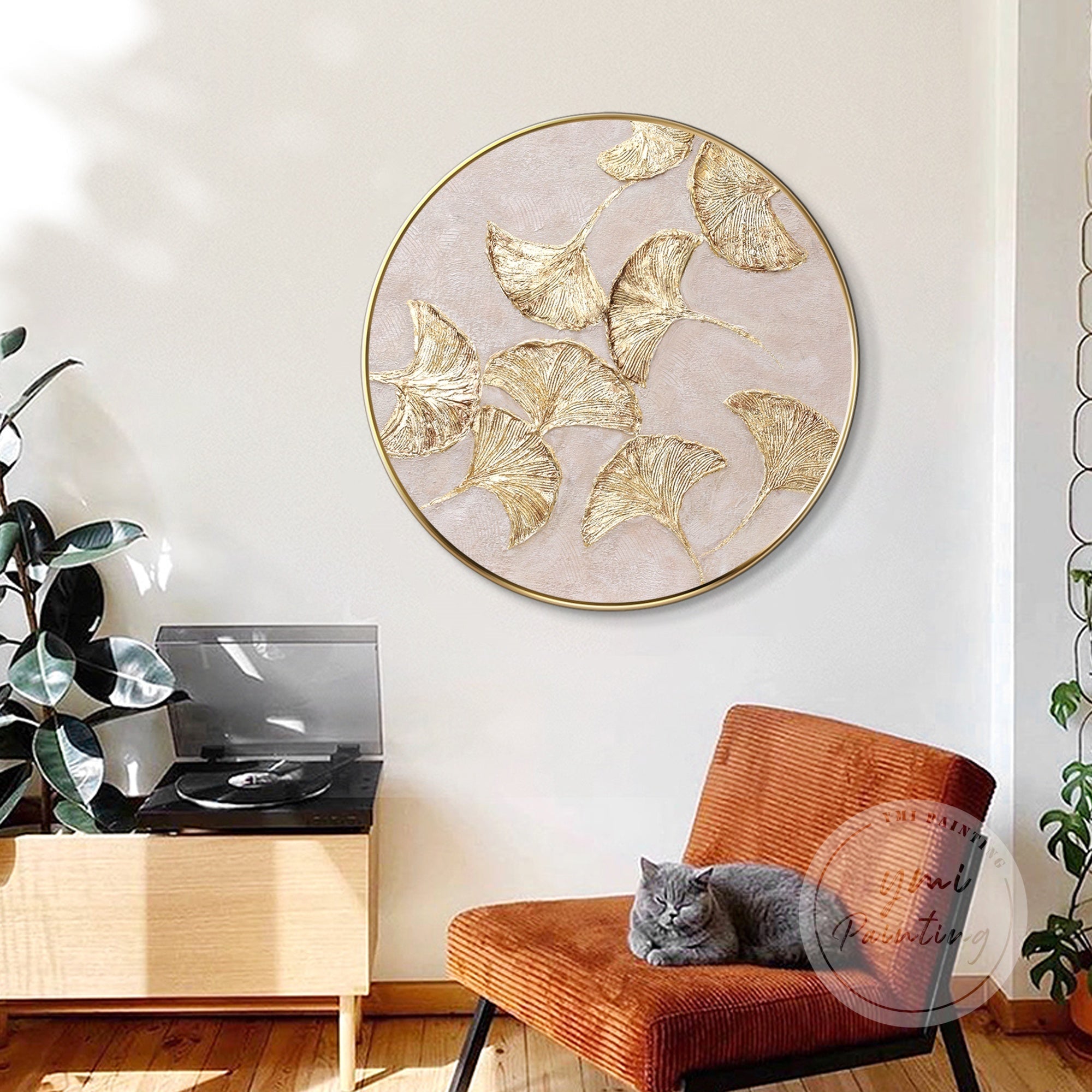 Stunning gold Ginkgo leaf round painting, combining minimalist style and rich textures, ideal for any elegant living room or office.