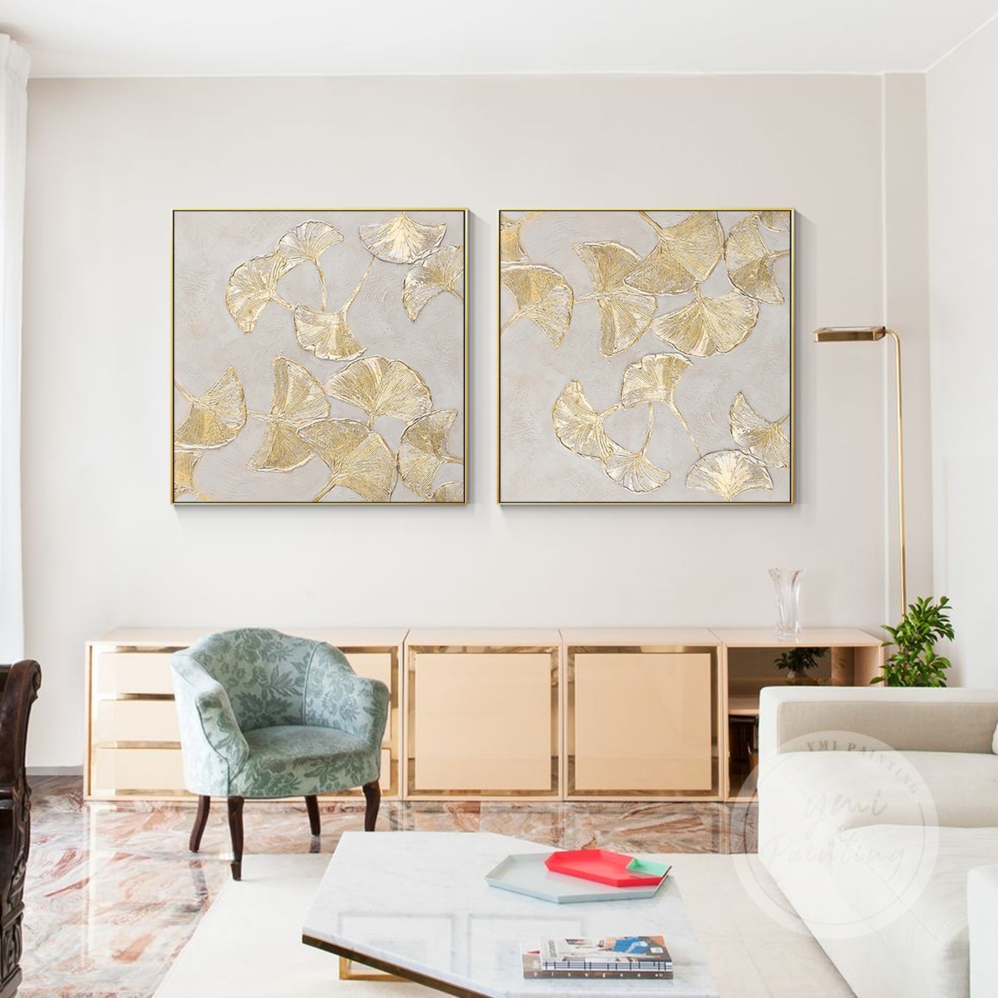 Set of 2 gold ginkgo leaf paintings with rich textures, featuring a minimalist boho-inspired abstract design.