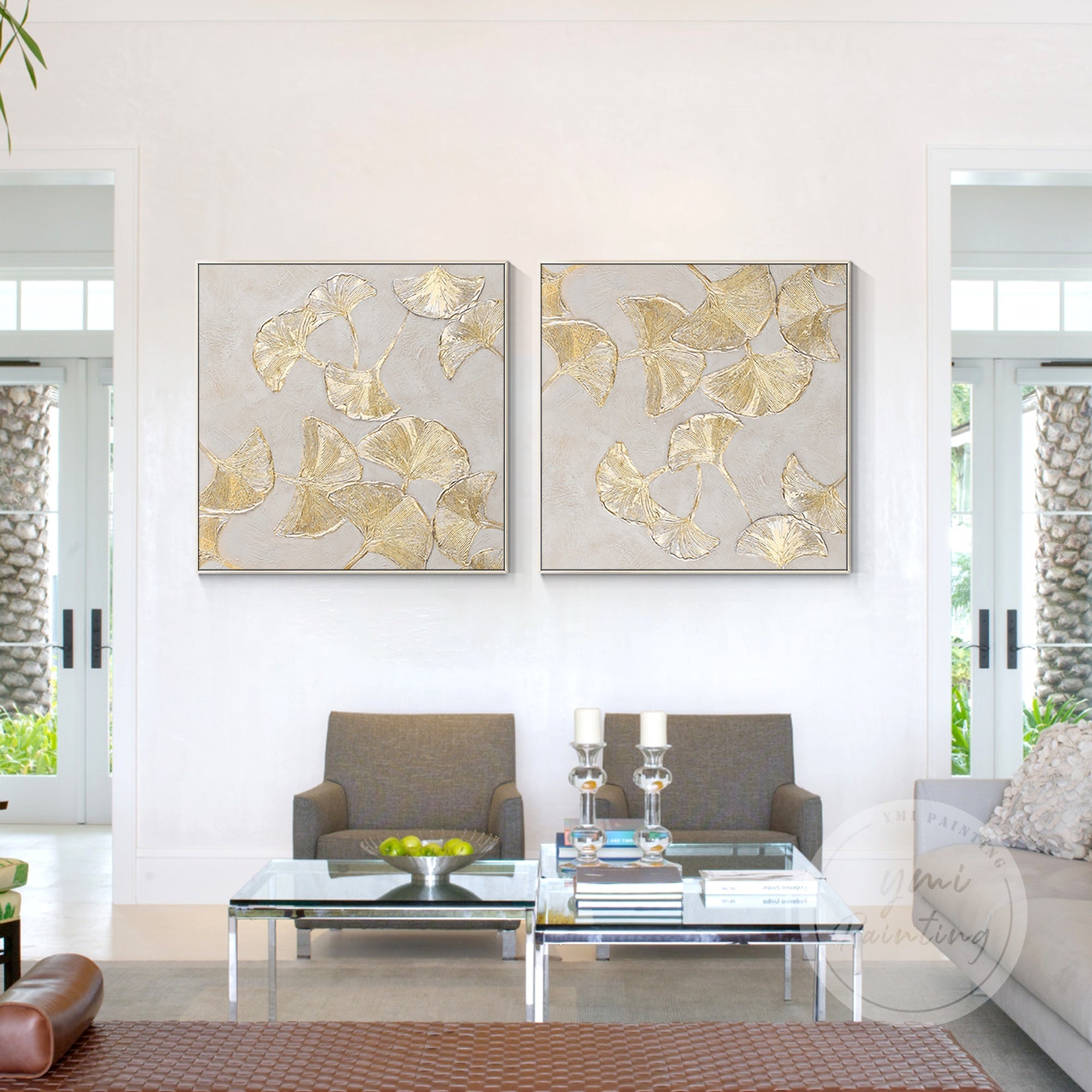 Hand-painted gold leaf ginkgo artwork, framed and ready to hang, adding elegance and warmth to any space.
