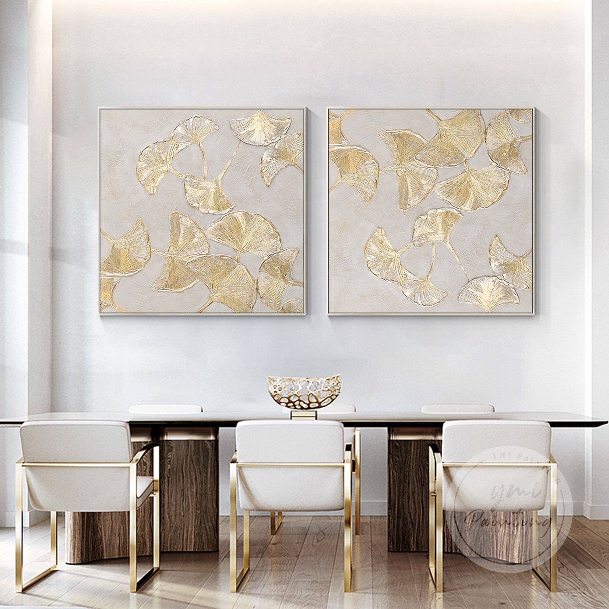 Modern abstract ginkgo biloba wall art in gold and neutral tones, perfect for contemporary home decor.