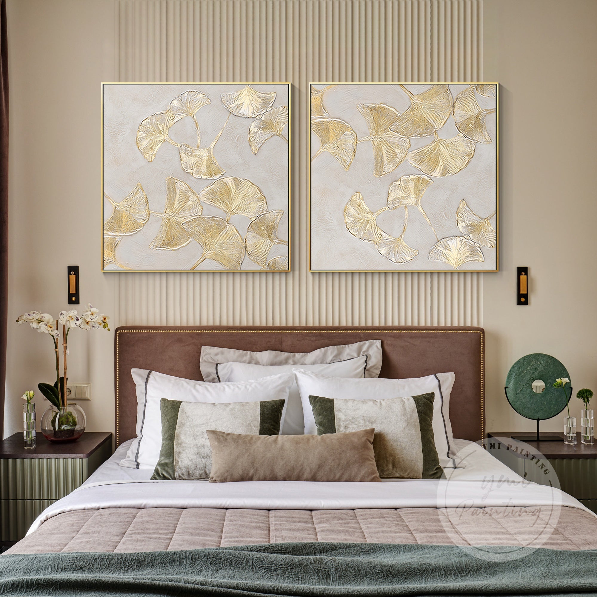Boho-style gold leaf painting set, featuring delicate ginkgo leaves and textured acrylic details.