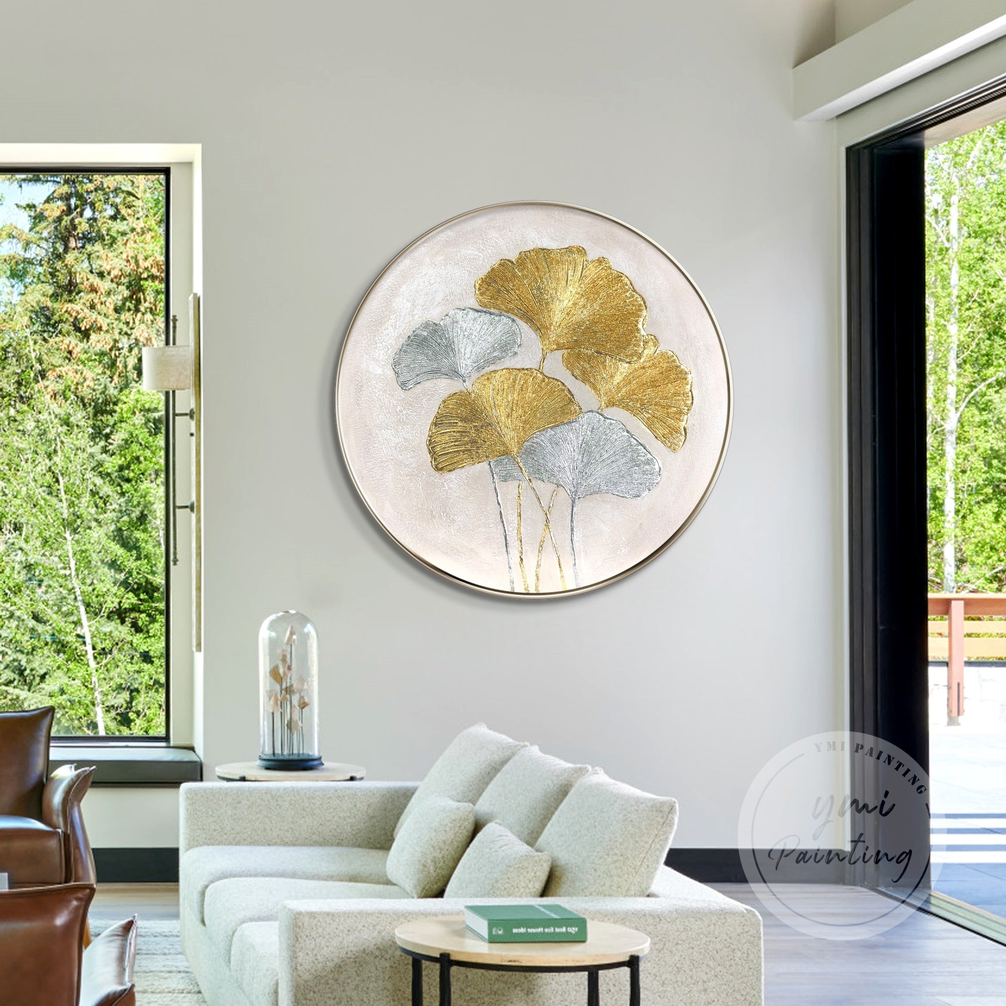 Large boho-style gold ginkgo painting, a hand-painted masterpiece perfect for sophisticated wall decor.