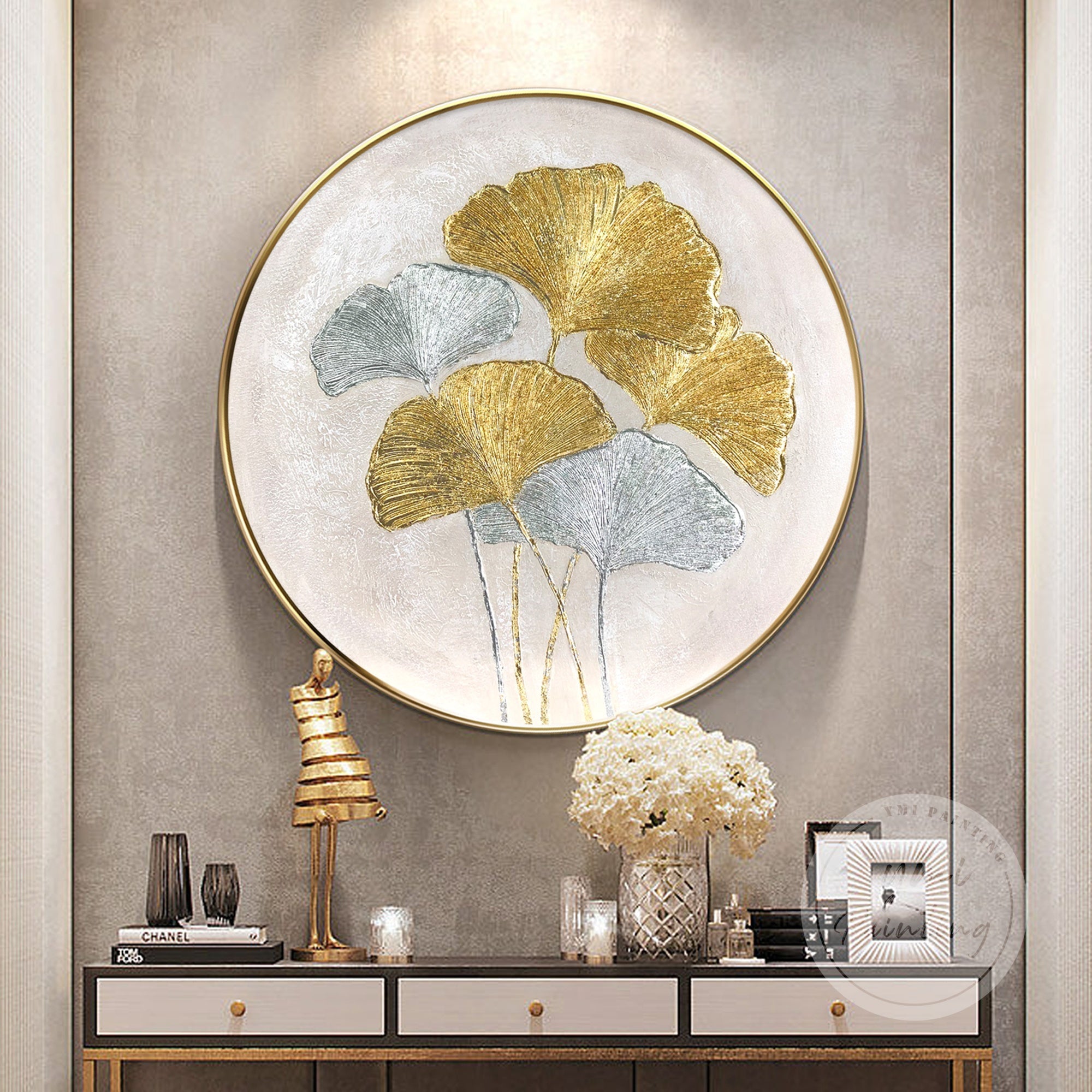 Framed abstract ginkgo wall art, a luxurious and textured canvas perfect for contemporary homes.