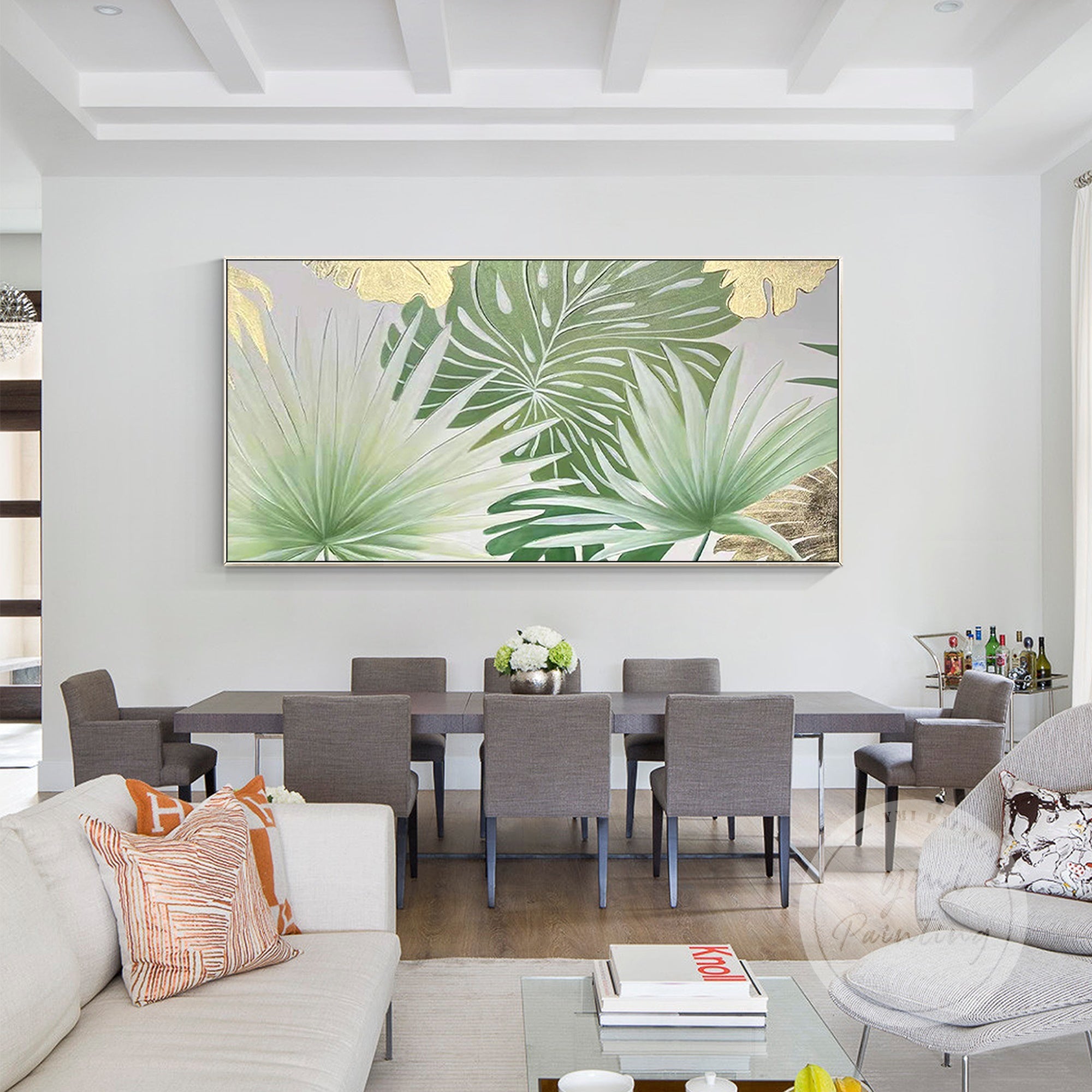 Sage green palm leaf painting on a large canvas, with gold leaf details that bring a touch of nature and luxury to your home.