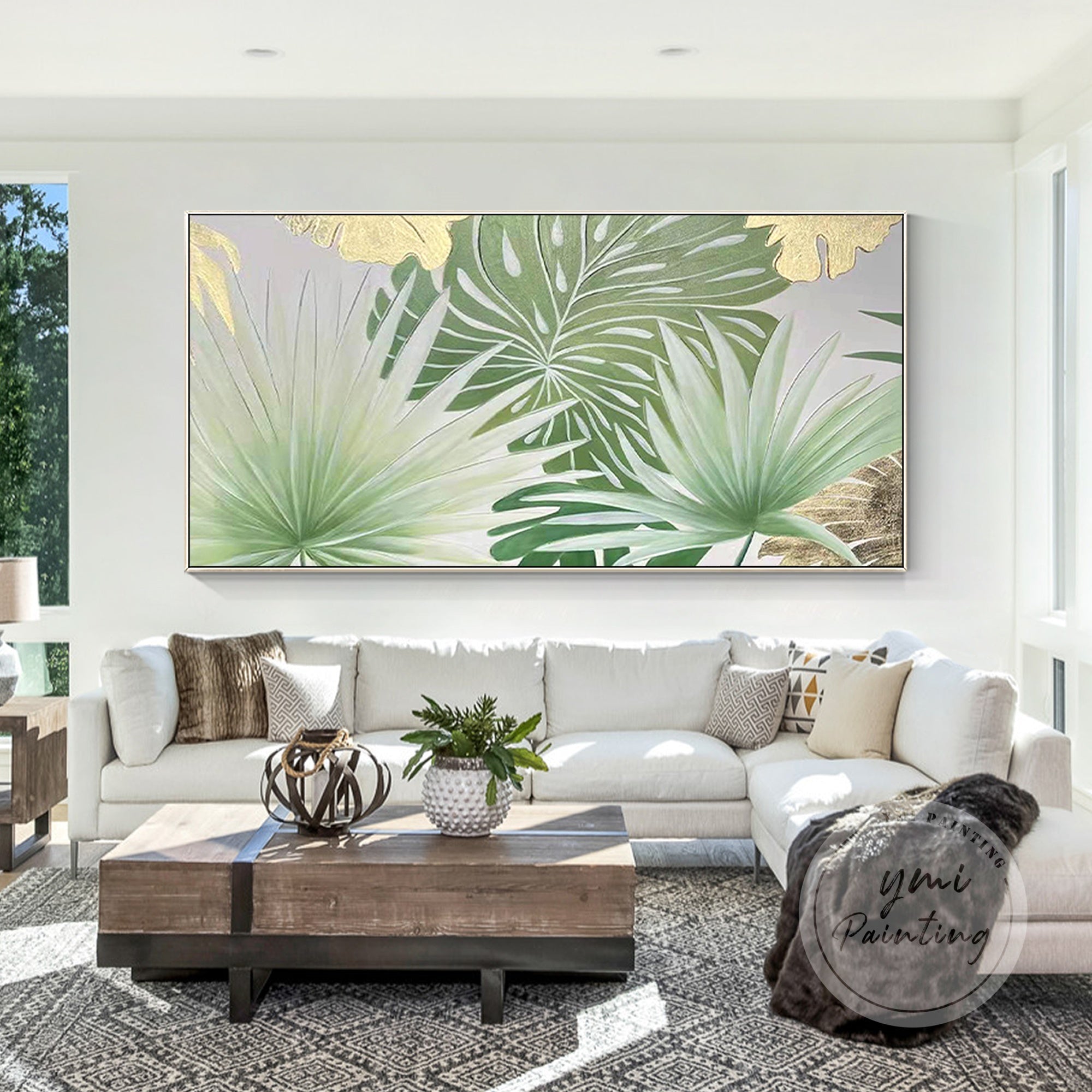 Tropical palm tree wall art featuring large, vibrant leaves and gold leaf accents, creating an exotic, modern atmosphere.