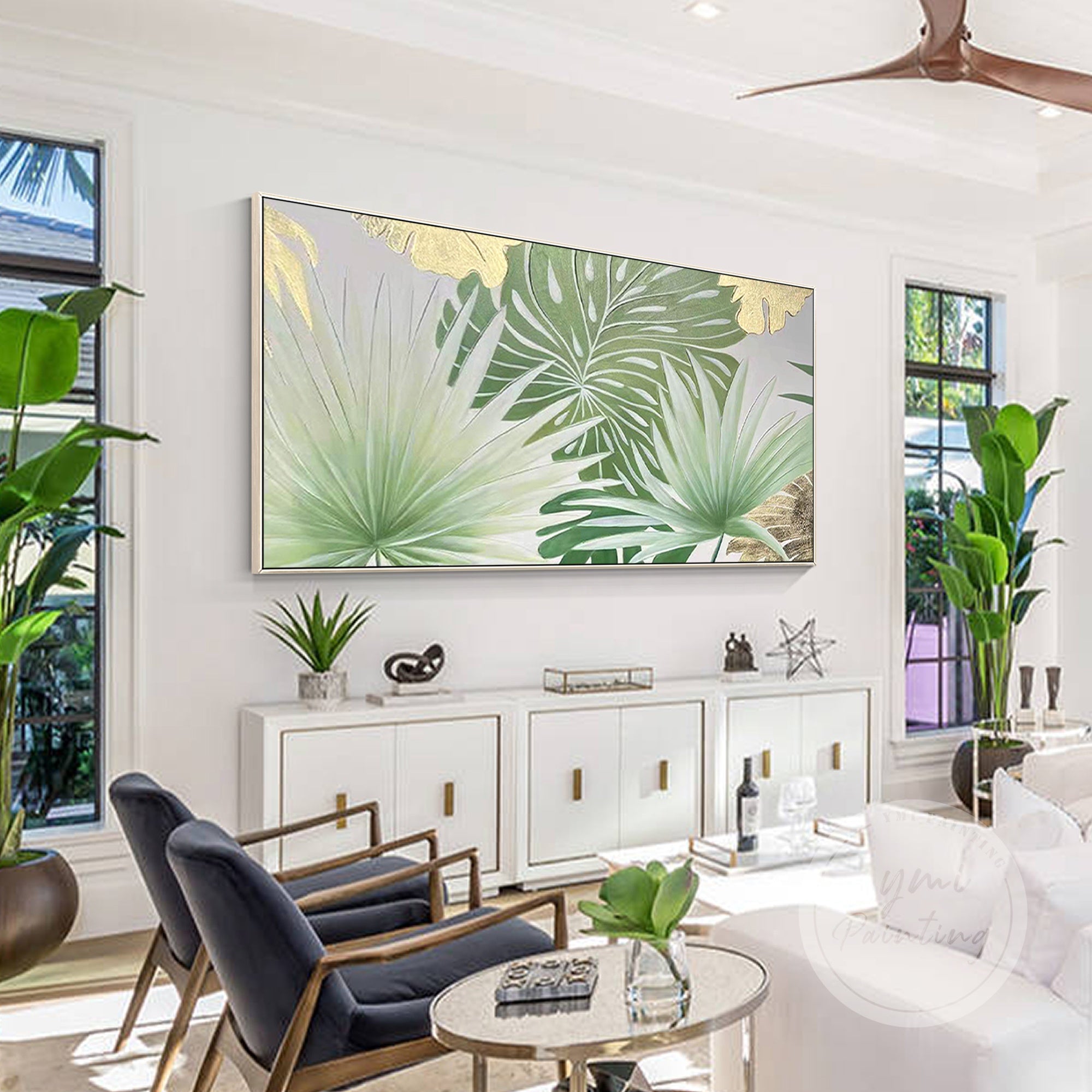 Custom-framed palm leaf painting with gold highlights, ideal for adding warmth and sophistication to any room.