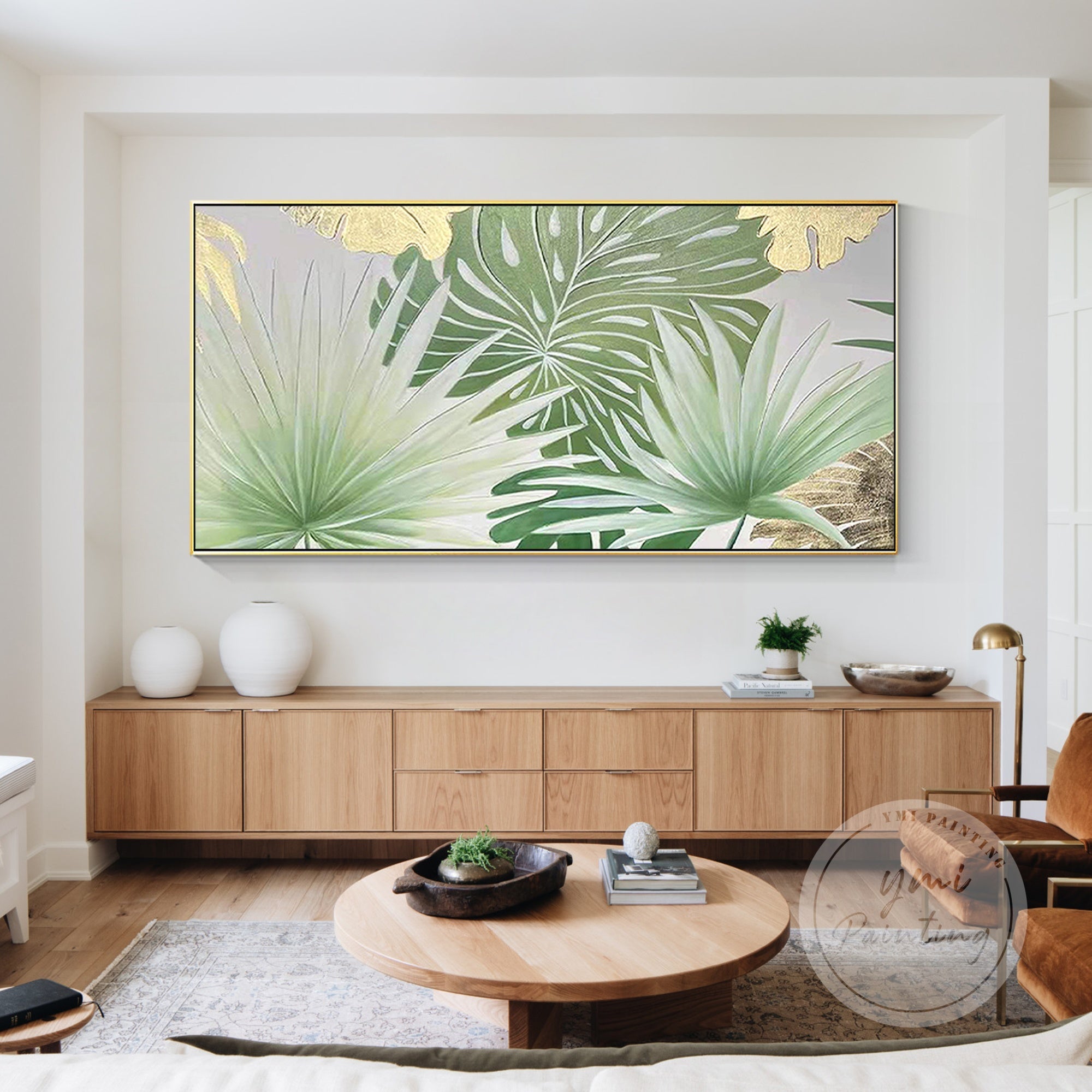 Large palm tree painting with gold leaf accents, adding a luxurious touch to your living space with rich textures.