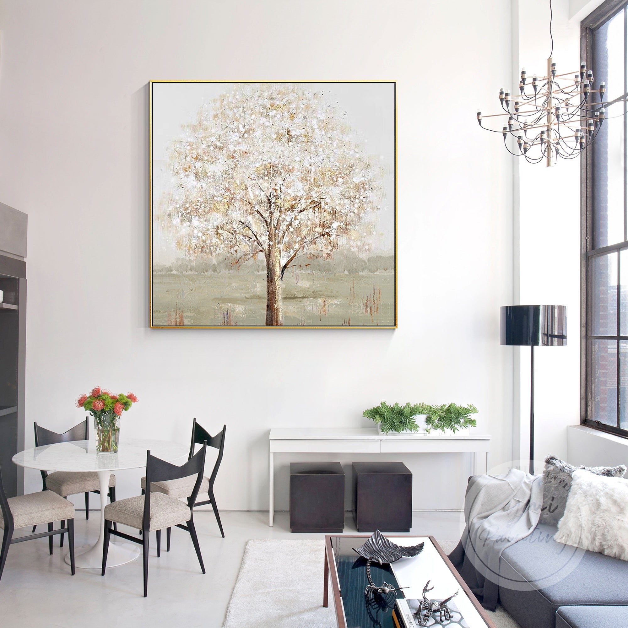 Abstract tree painting in beige and pink tones with textured details, creating a soft and modern wall art piece.