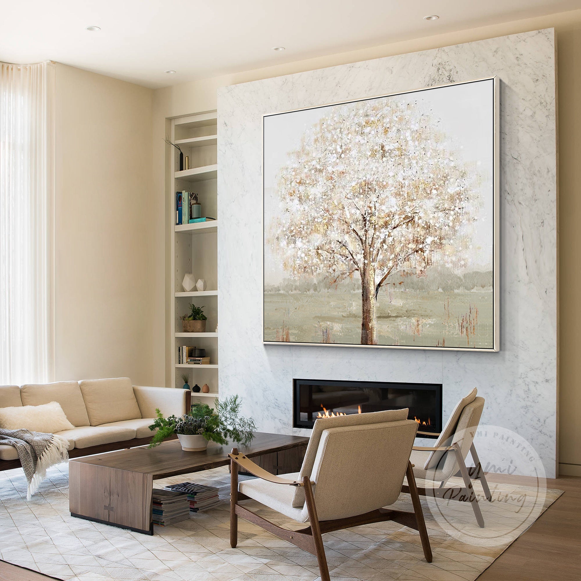 Framed tree painting with a neutral beige palette and sage green accents, ideal for contemporary home decor.