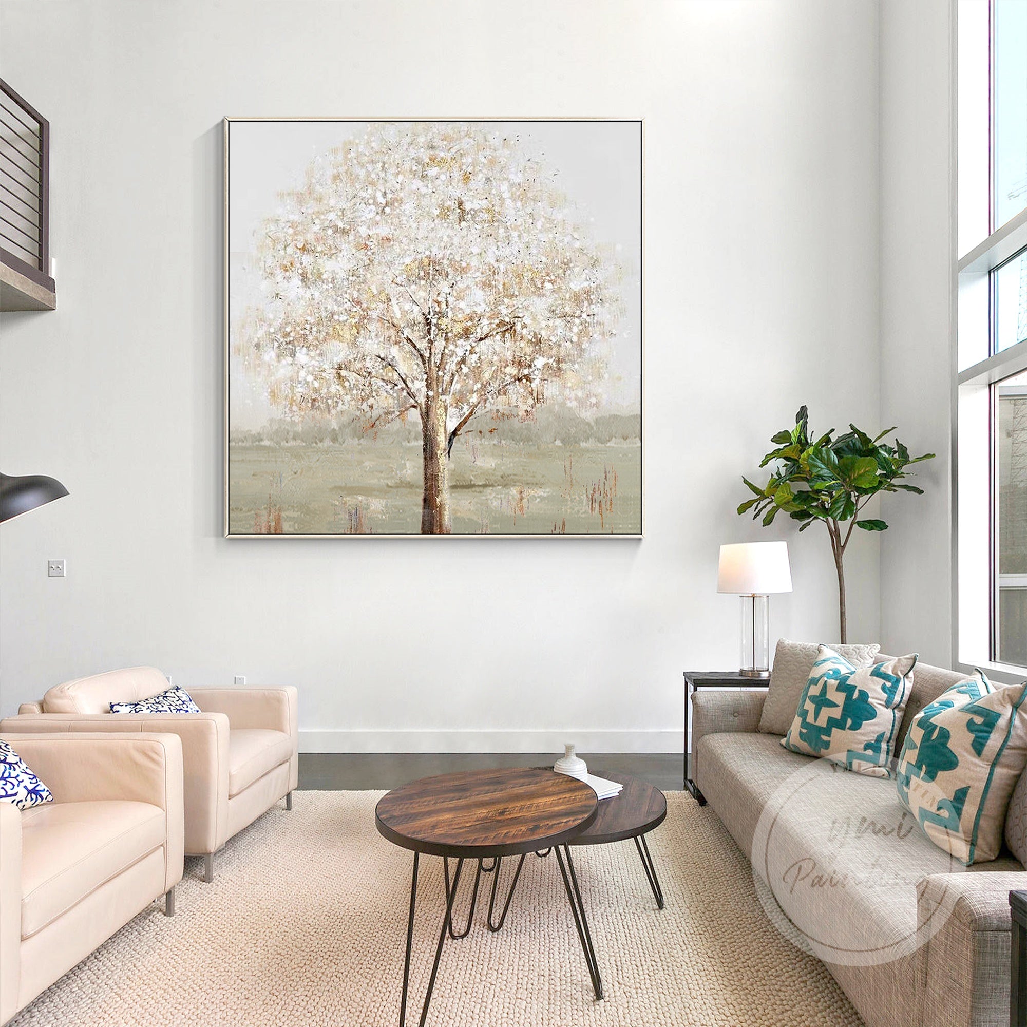Large abstract tree artwork with a mix of pink and earthy tones, adding warmth to any living space.
