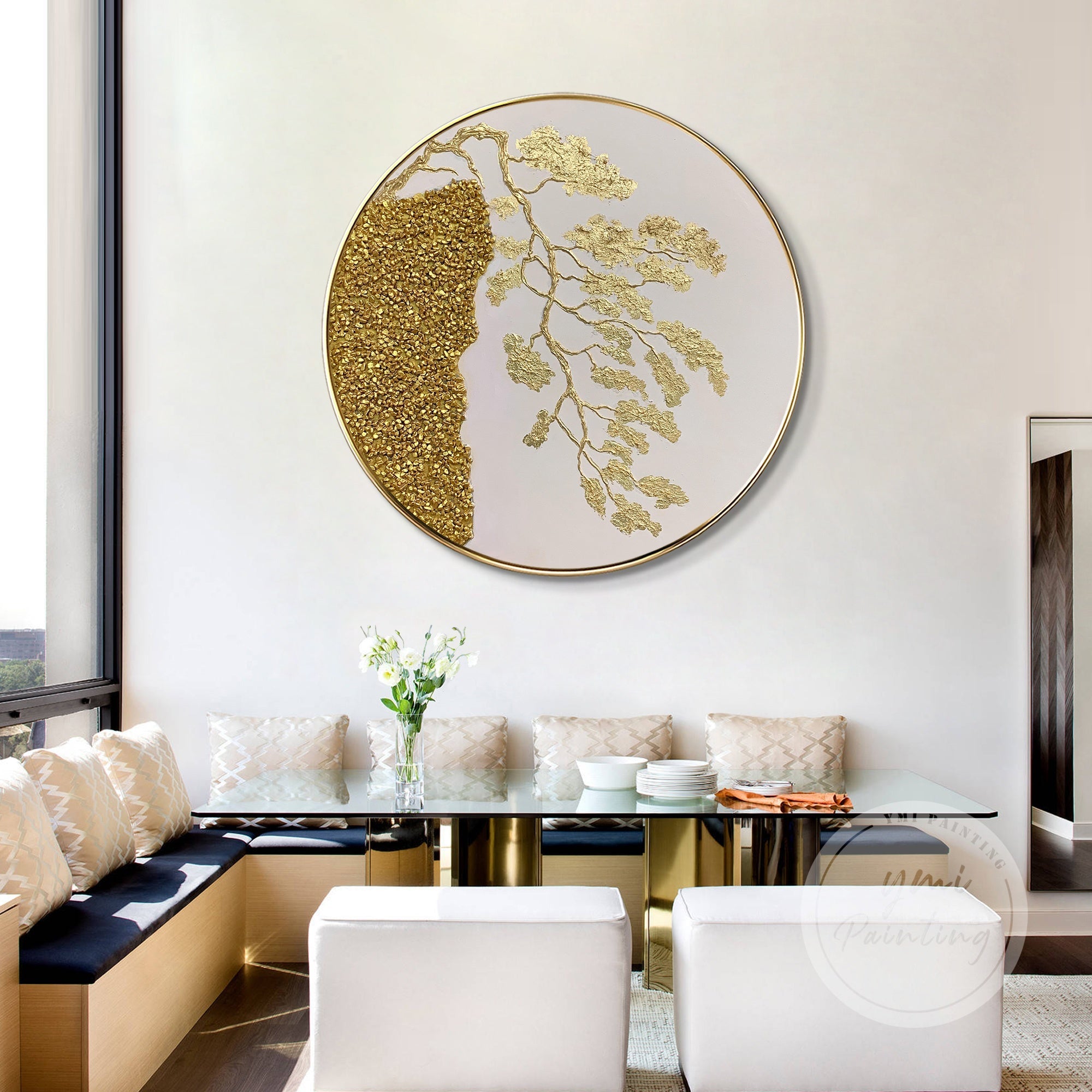 Gold Mountain Tree Painting with rich 3D textures and gold leaf detailing, perfect for modern and Feng Shui-inspired decor.