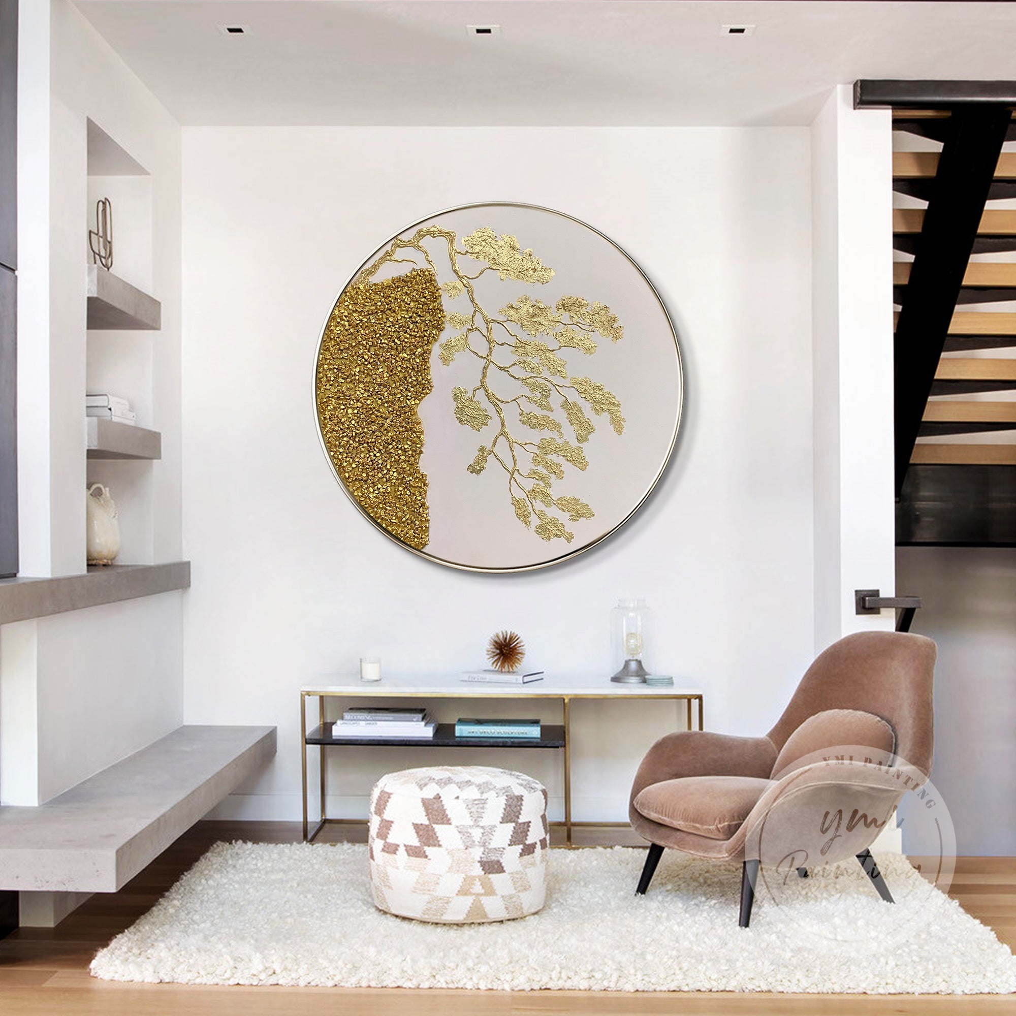Round gold tree and mountain wall art, featuring a luxurious blend of textures and metallic gold highlights.