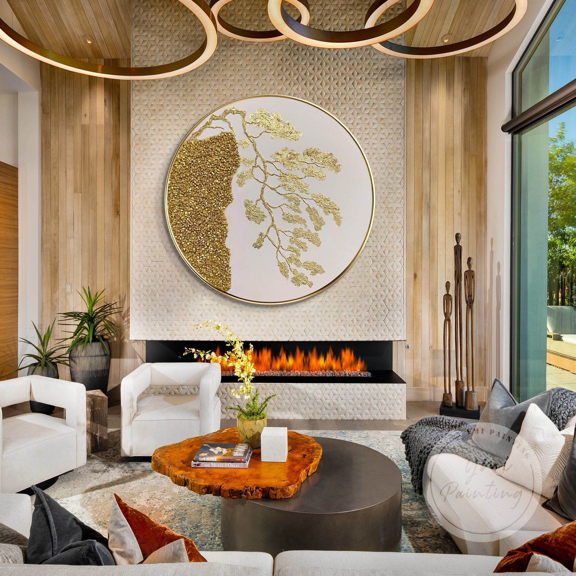 3D textured gold tree painting with abstract mountains, framed for an elegant and sophisticated home aesthetic.