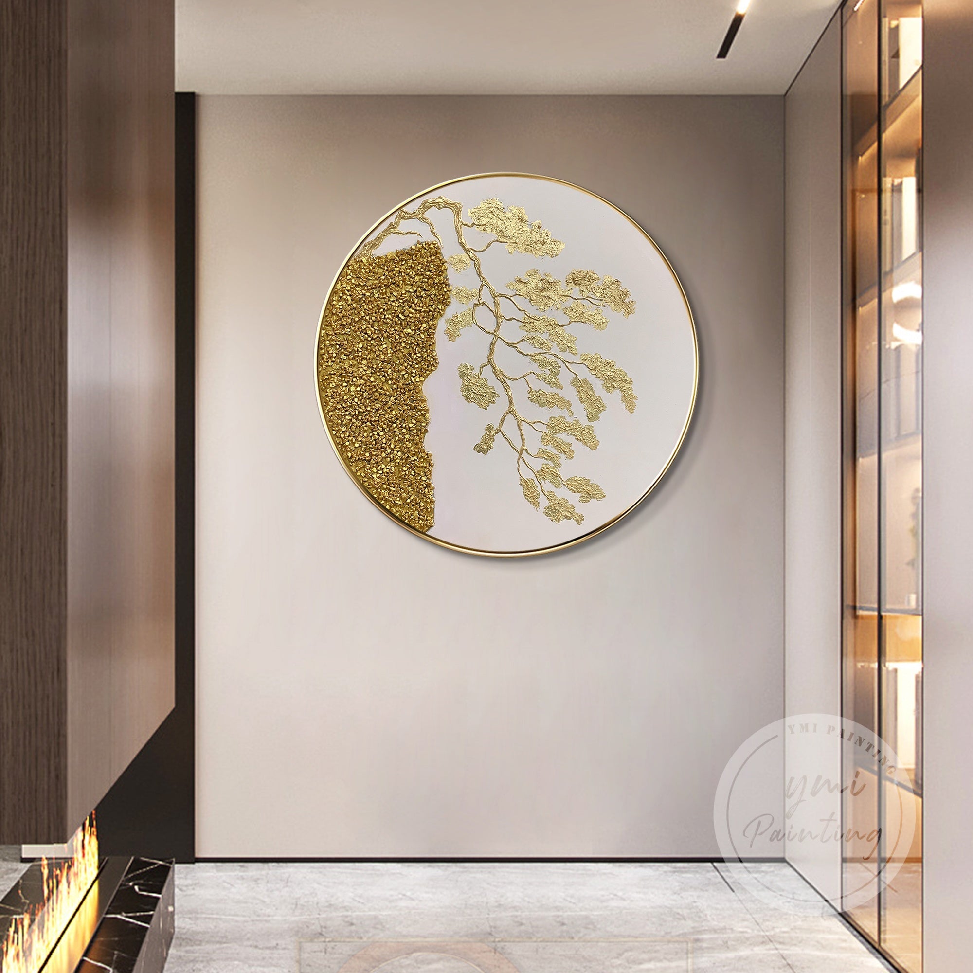 Gold leaf mountain and tree painting, designed to bring harmony, prosperity, and balance to your space.