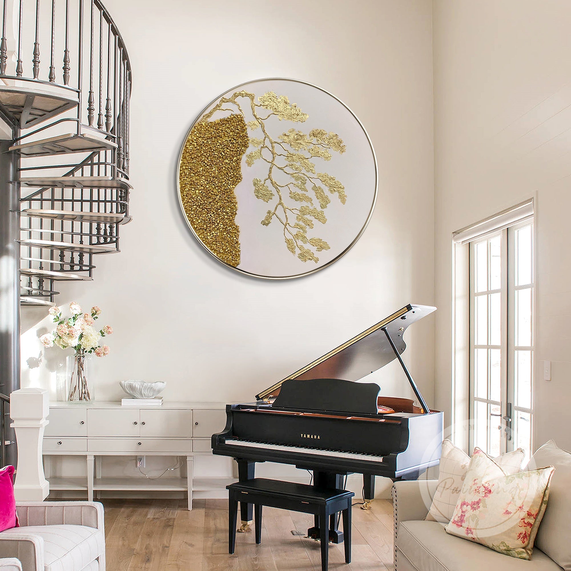 Large round textured tree painting with gold accents, ideal for Feng Shui energy flow and luxury decor.