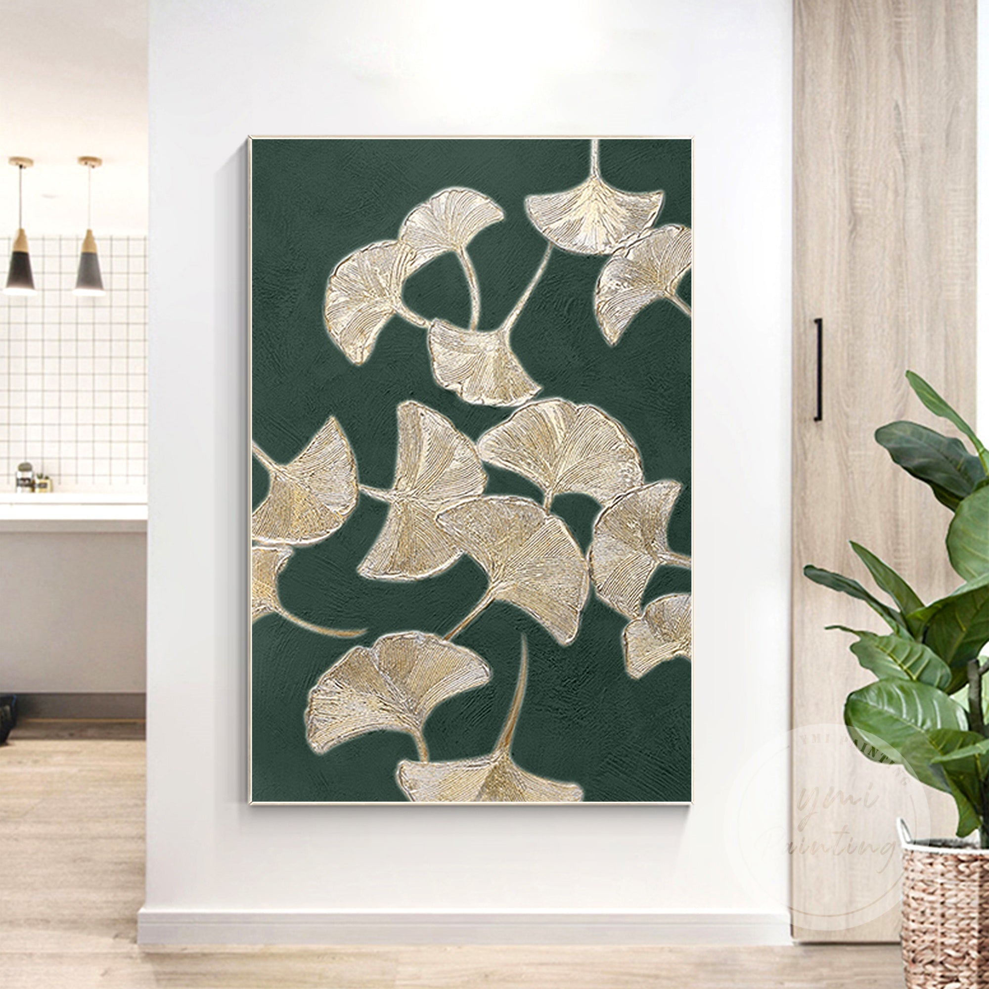 Dark green abstract ginkgo leaf painting with gold accents, featuring a rich textured finish for a modern look.