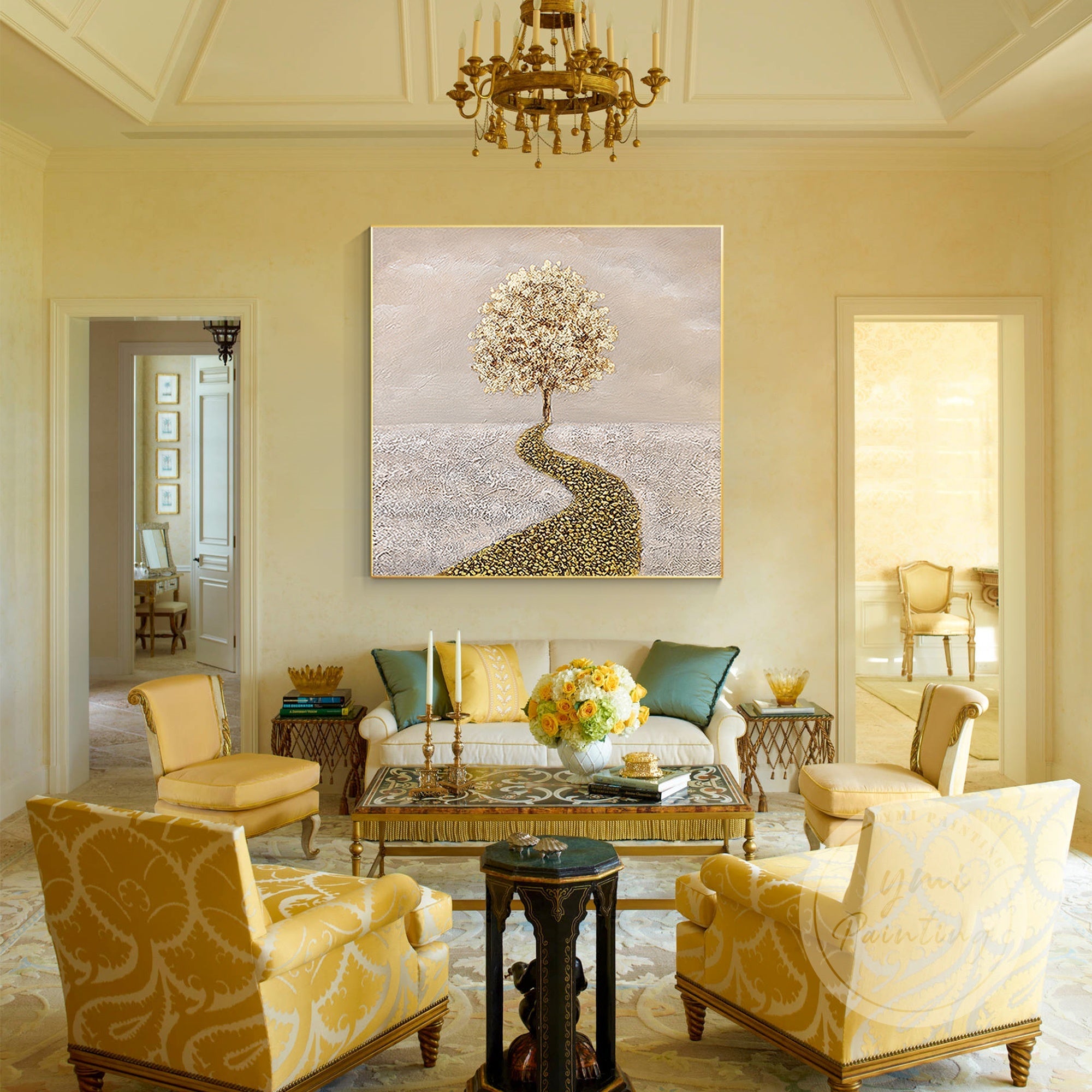 Gold Tree 3D Textured Painting with delicate gold leaf details on a soft pink abstract background, adding elegance and warmth to your space.