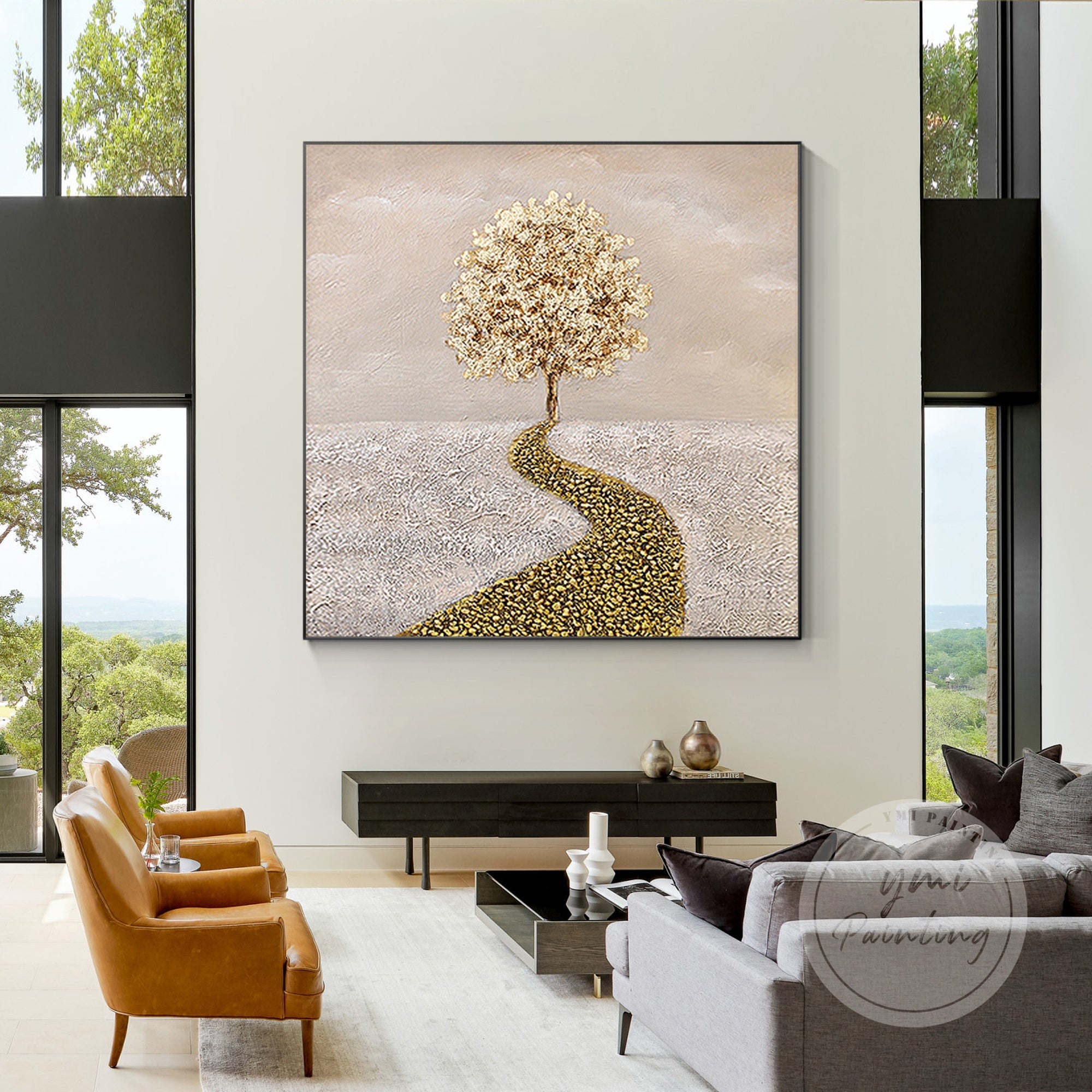 Minimalist Gold Tree Wall Art with a square composition, featuring a rich acrylic texture and modern aesthetic.
