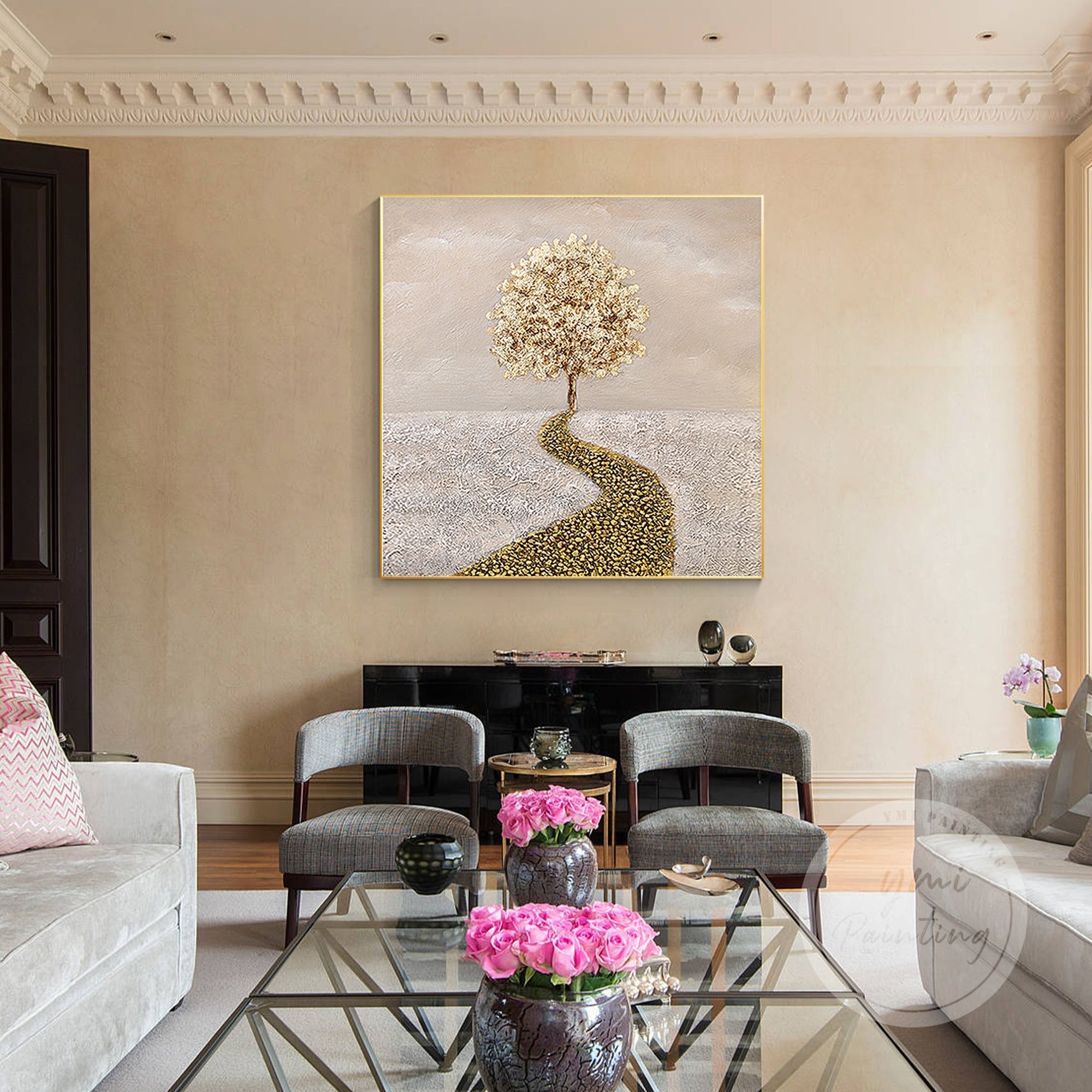 Framed Gold Leaf Tree Artwork, a hand-painted piece with a luxurious balance of metallic accents and soft tones.