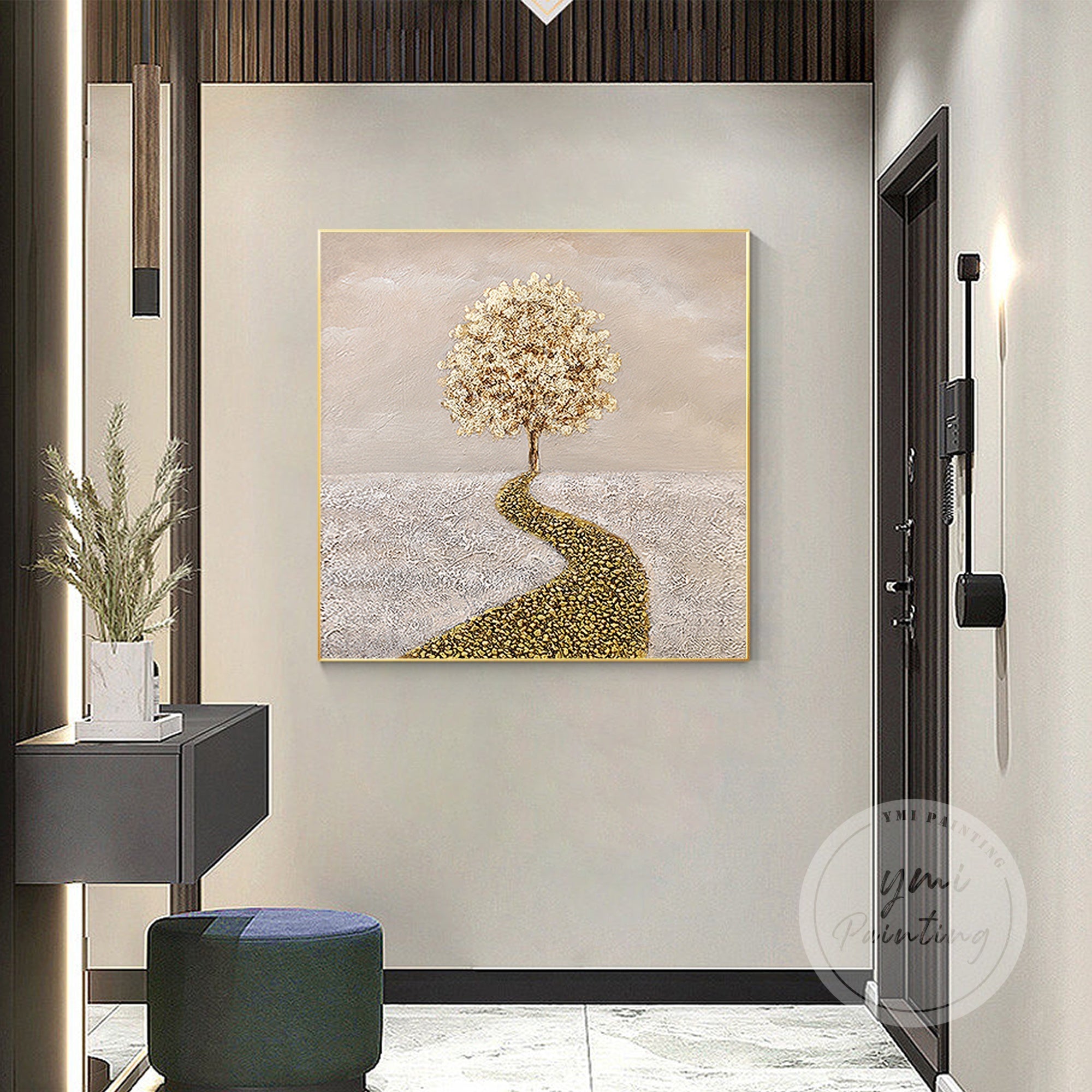 Large Abstract Gold Tree Painting with heavy texture, designed to create depth and sophistication in any room.