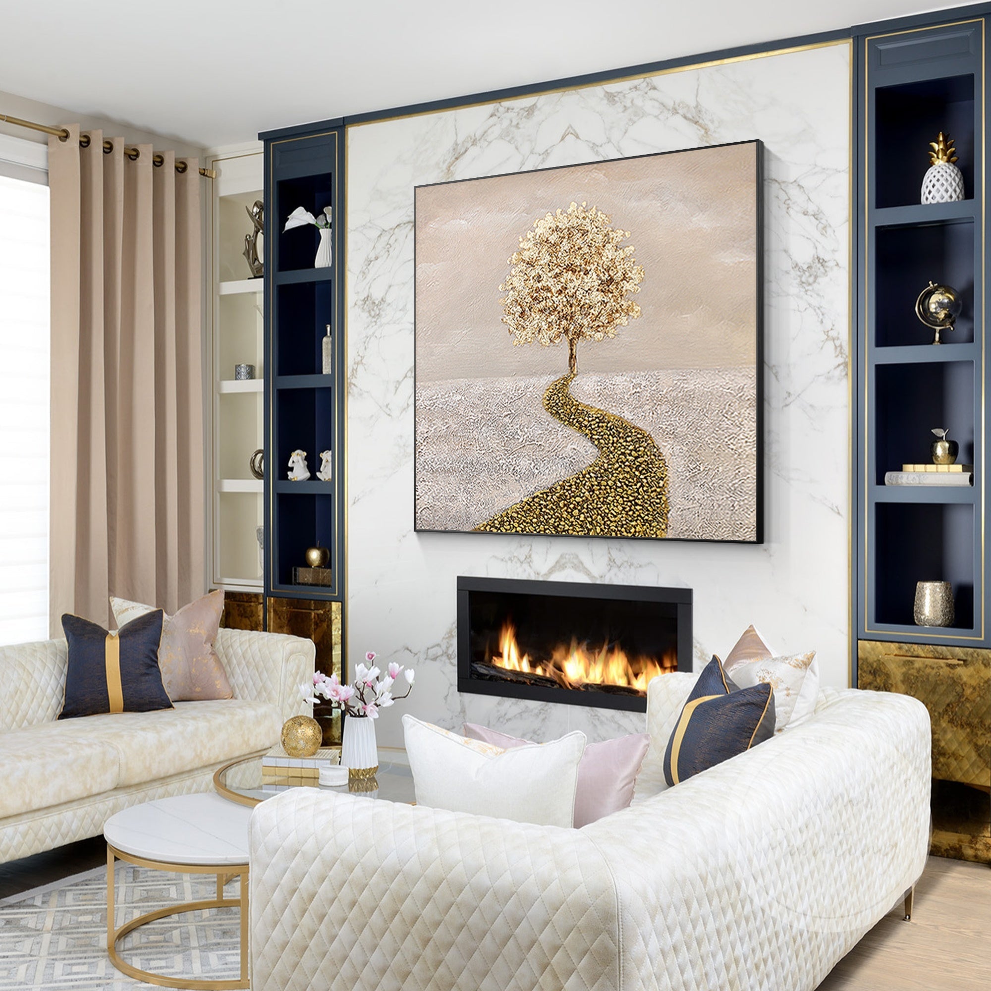 3D Gold Tree Art on canvas, featuring a modern minimalist style with intricate gold detailing and a serene pink background.