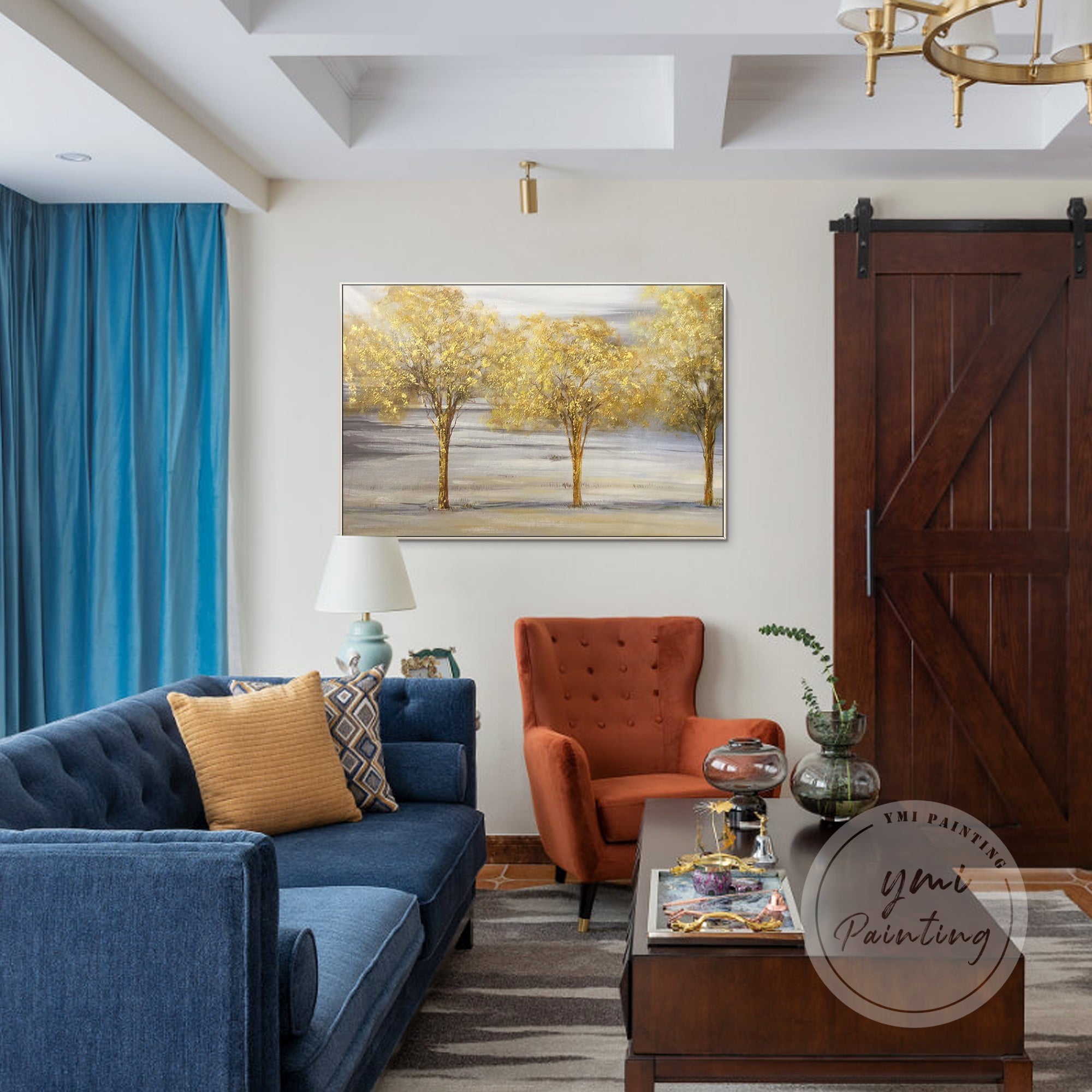 Large Gold Tree Canvas Art featuring heavy texture and shimmering gold leaves, adding warmth and sophistication to any space.