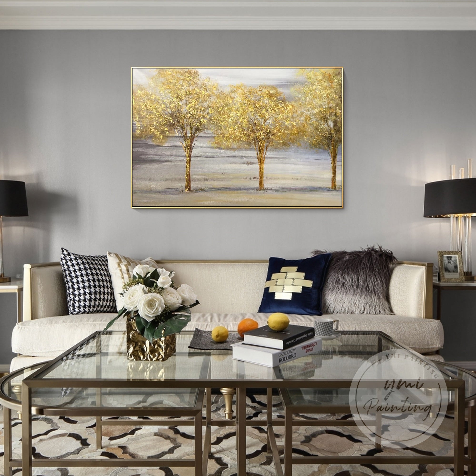 Elegant Acrylic Gold Tree Wall Art with a neutral background and bold golden highlights, perfect for contemporary interiors.