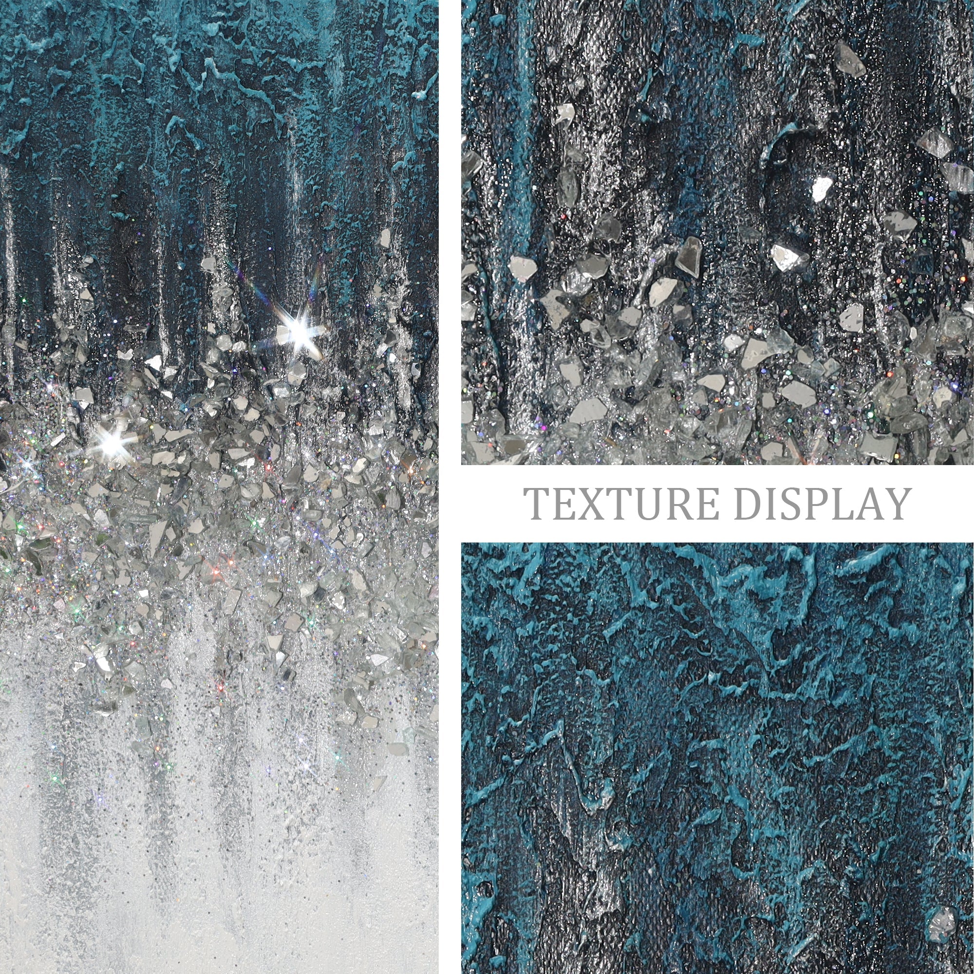 Close-up detail of turquoise glitter abstract painting showing layered texture and real glitter accents