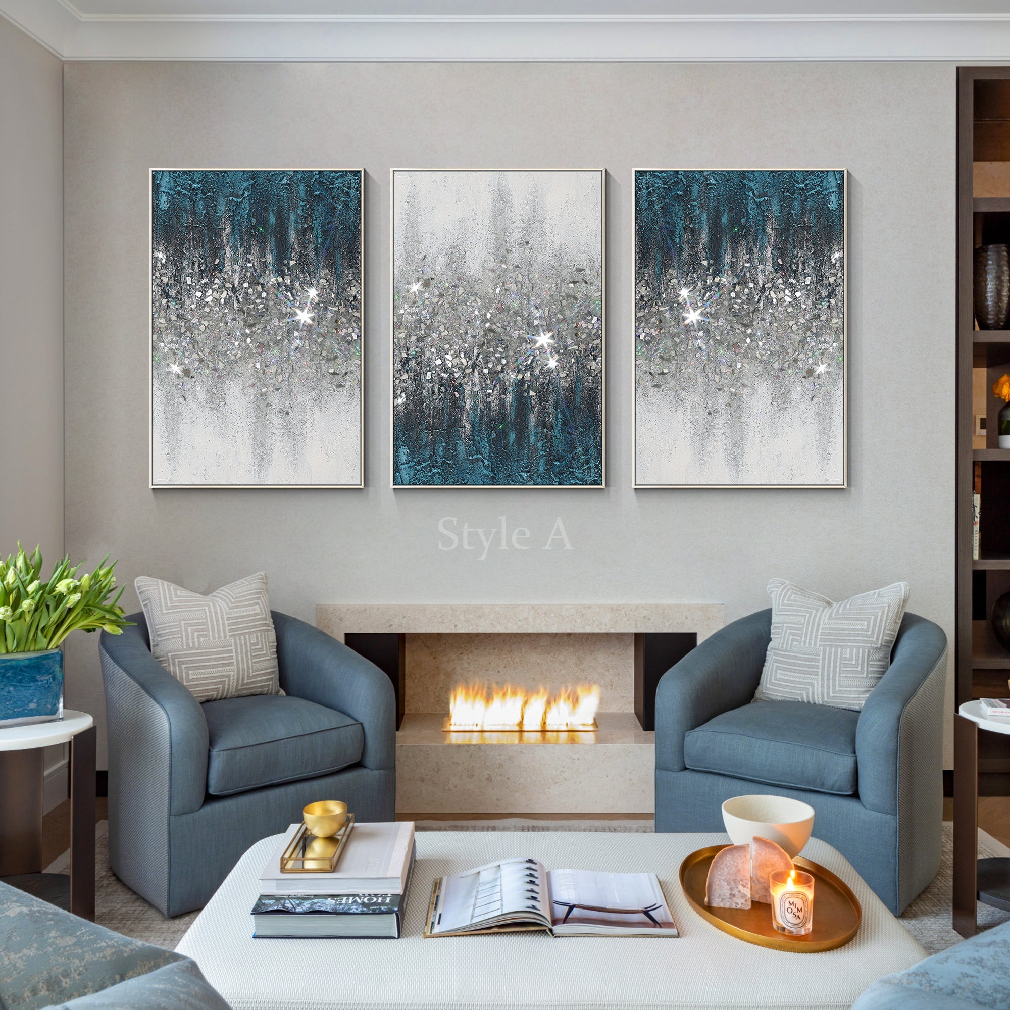 Single turquoise glitter abstract painting featuring layered texture and fine glitter detail