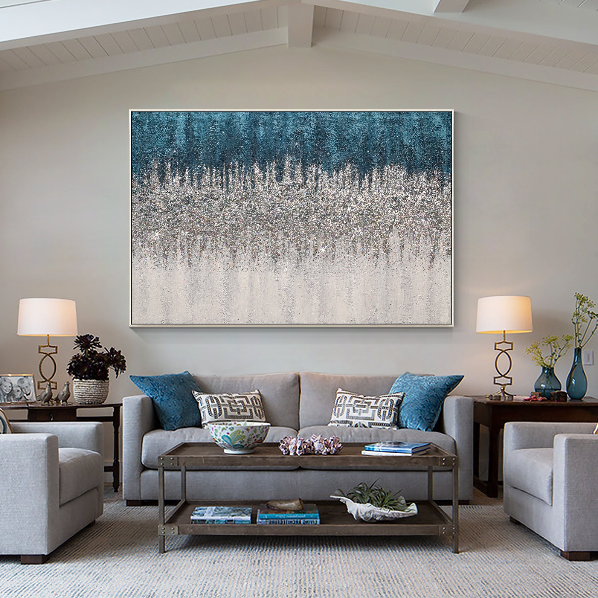 Turquoise glitter abstract textured wall art displayed in a modern living room