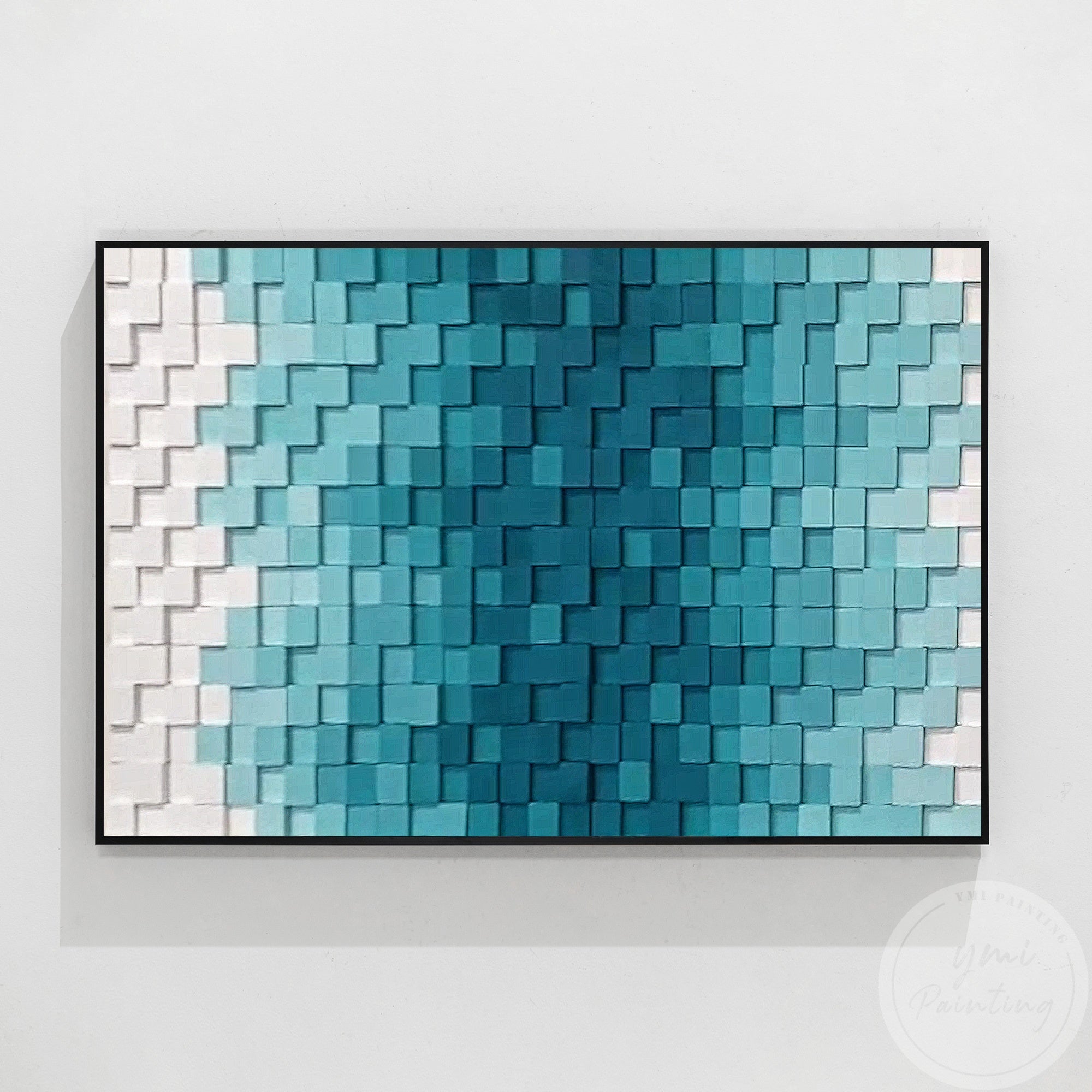 Blue and teal square wall art with a smooth gradient, fitting seamlessly into a soft and contemporary bedroom design.