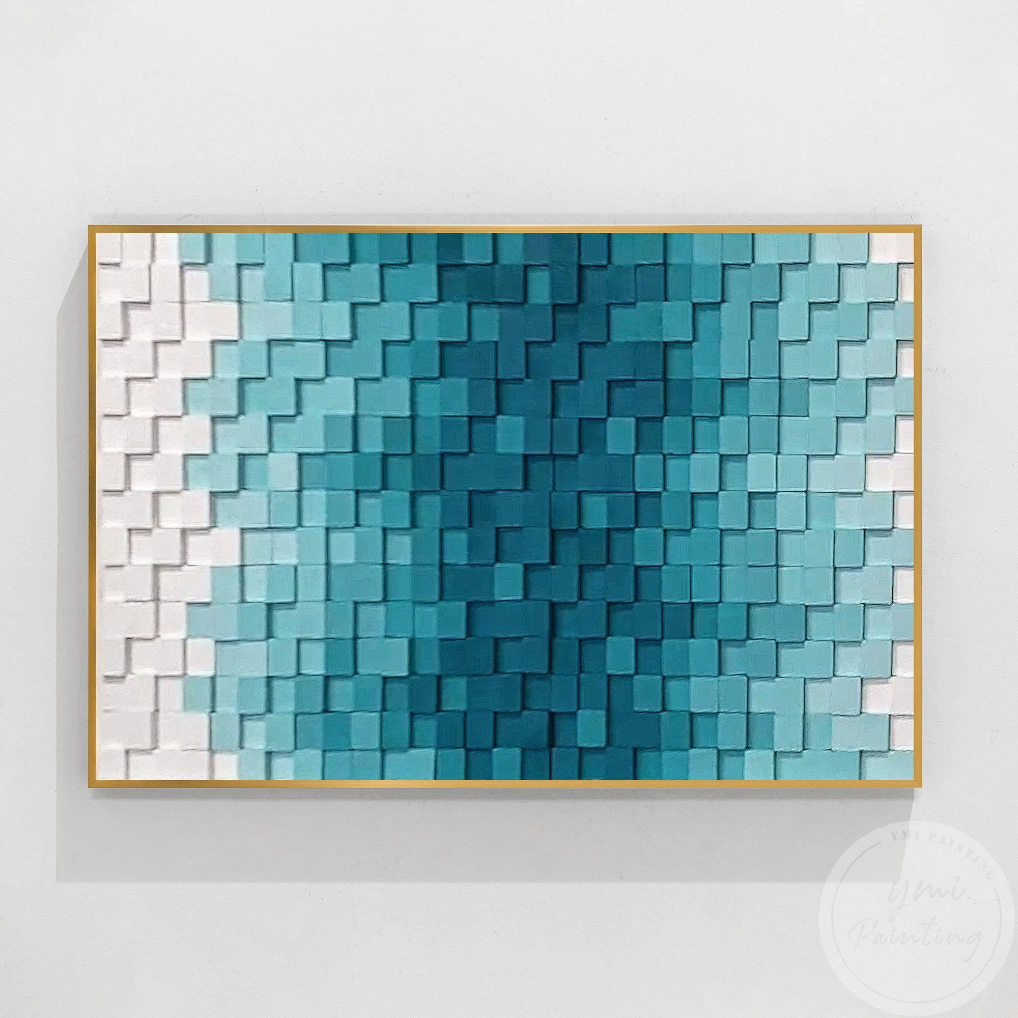Geometric blue and teal artwork with a gradient effect, hanging in a modern bedroom with soft, neutral tones.