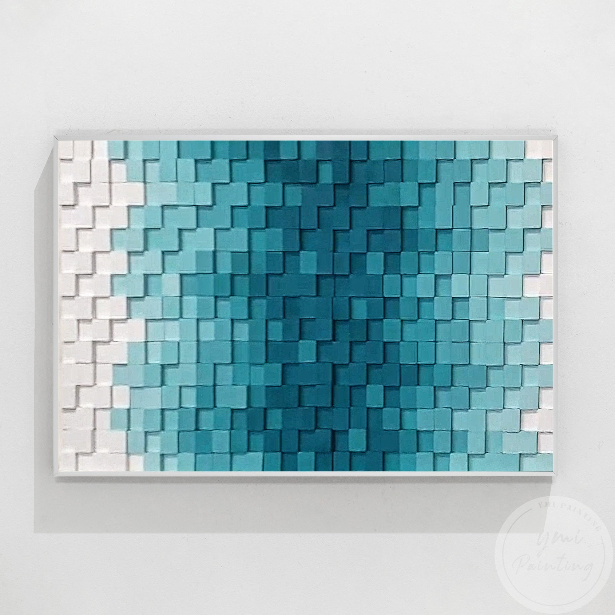 Gradient design of blue and teal squares in a geometric pattern, perfect for a sleek, contemporary bedroom.