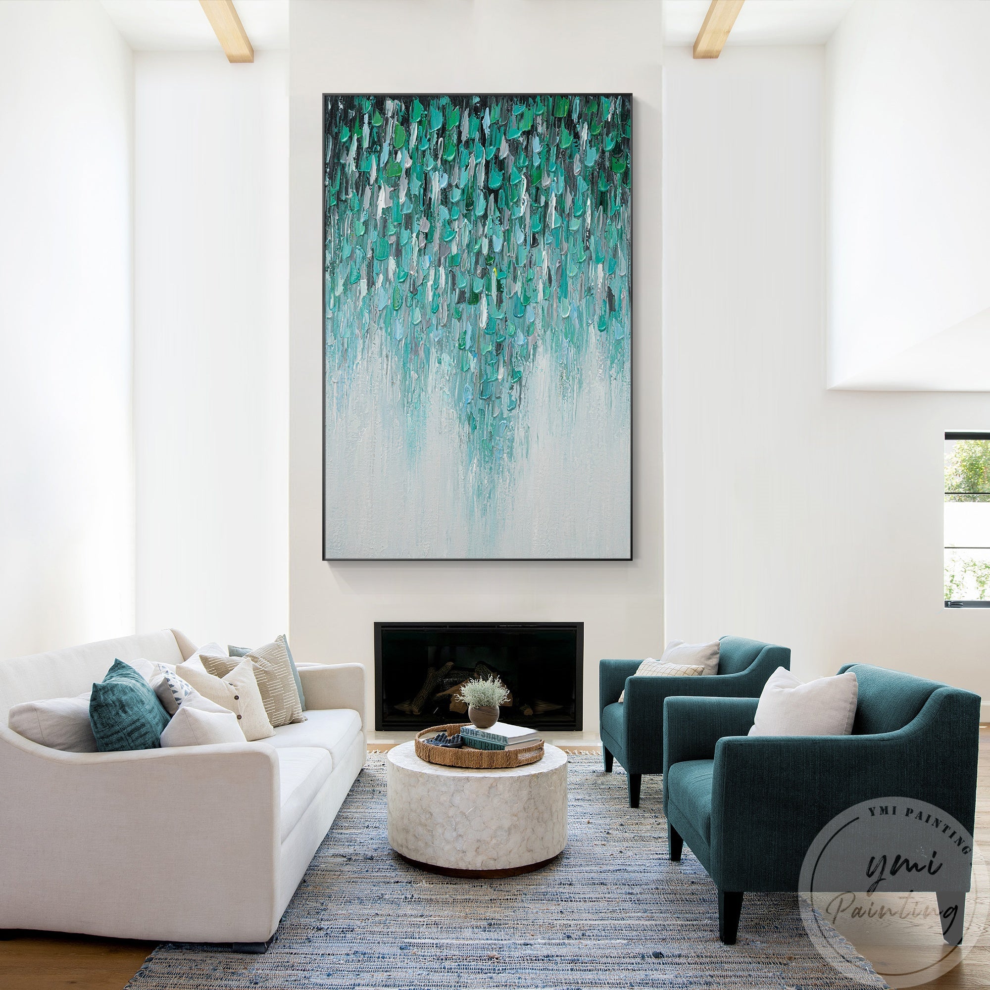 Textured artwork with emerald green, turquoise, and grey background of 3D texture.
