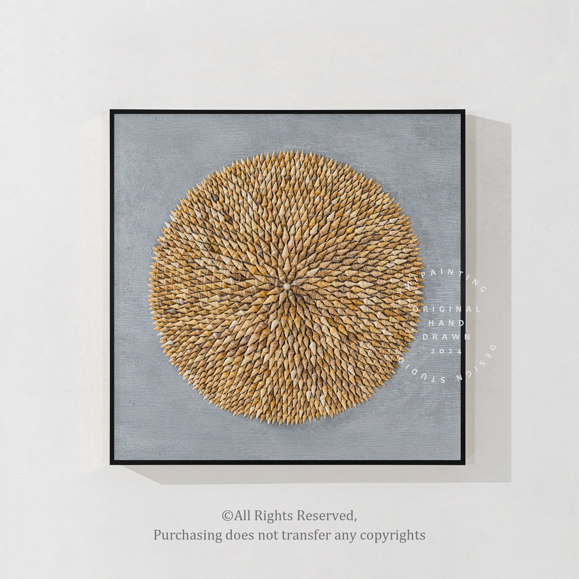 Handcrafted artwork featuring spiral shell design with pearl for a natural touch.