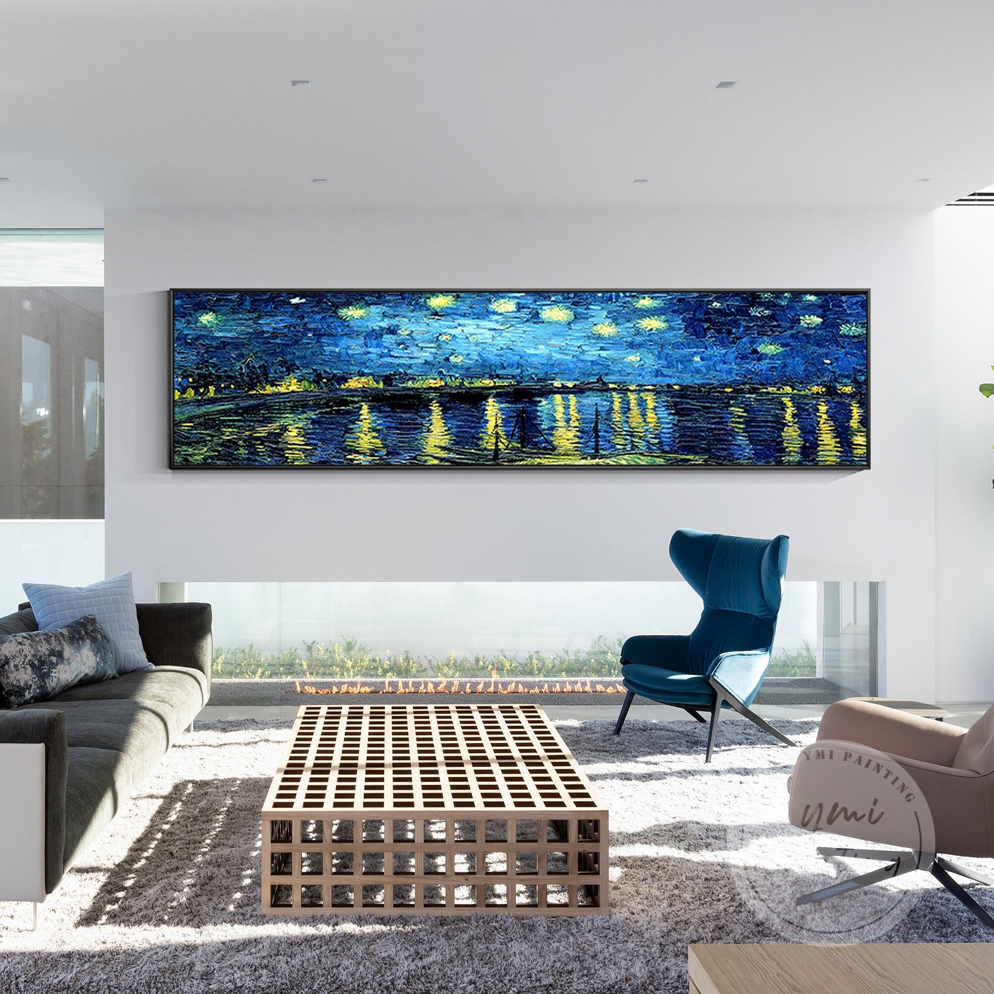 Abstract navy blue painting inspired by Van Gogh’s Starry Night Over The Rhone.
