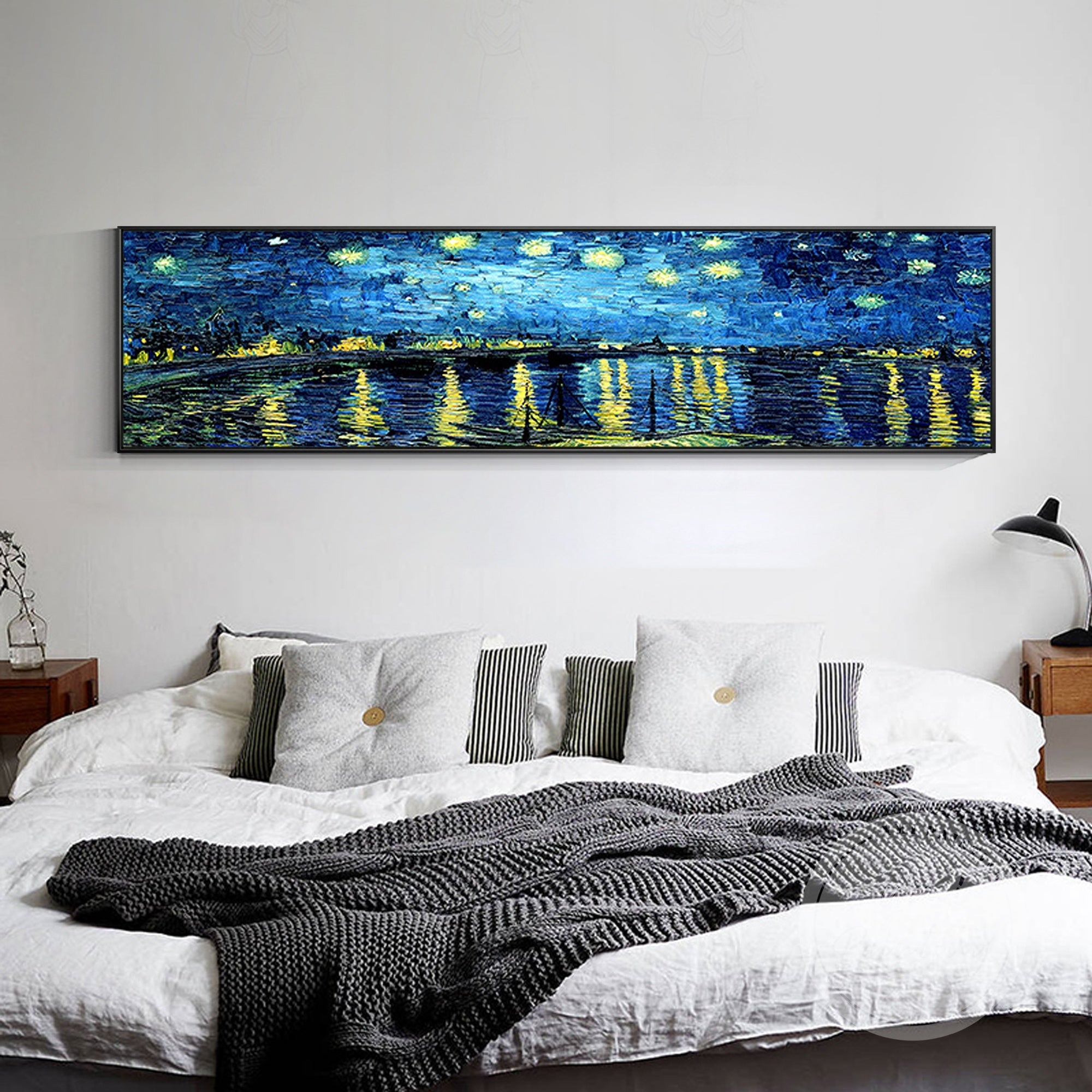 Long wall art landscape with starry sky and reflective water in Van Gogh style.