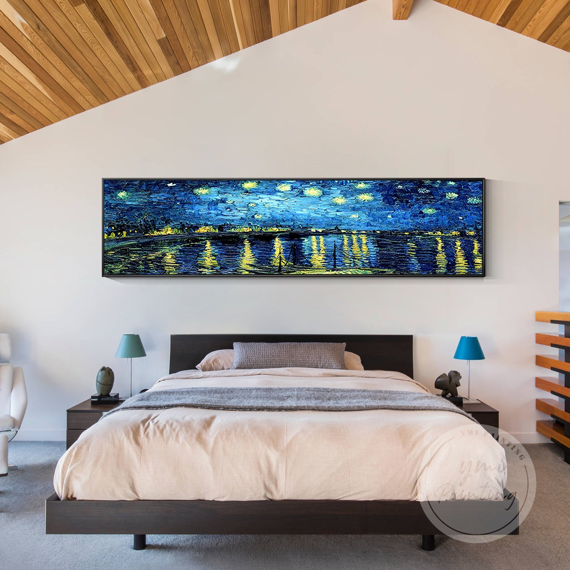 Starry night river scene oil painting, perfect for modern navy blue decor.
