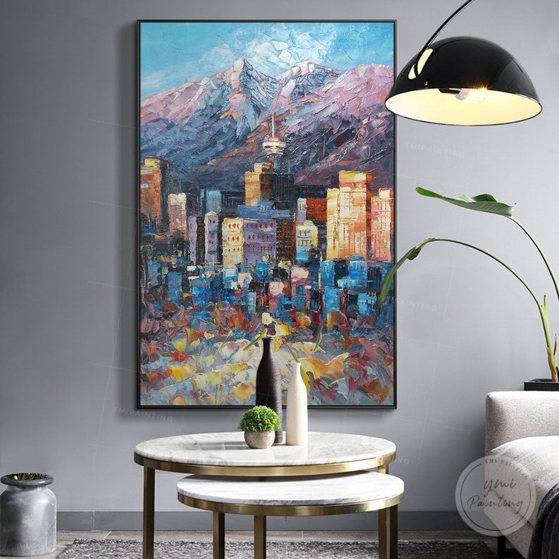 Hand-painted Vancouver cityscape, expressive oil painting with bold palette knife strokes.